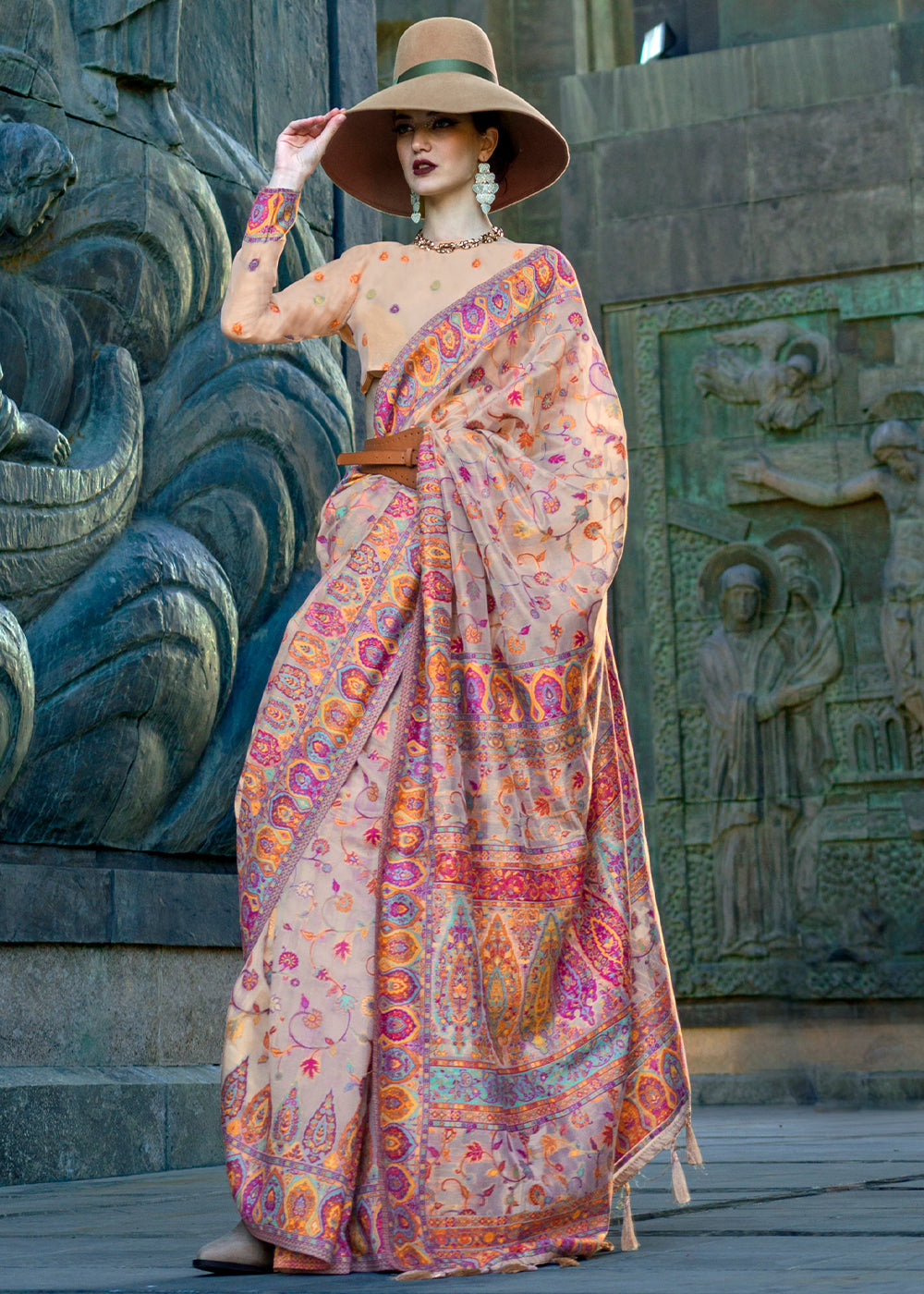 MySilkLove Cosmos Pink Jamawar Woven Organza Silk Saree