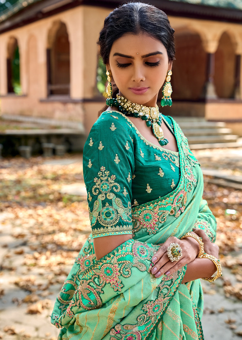 Buy MySilkLove Pista Green Woven Designer Banarasi Embroidered Silk Saree Online