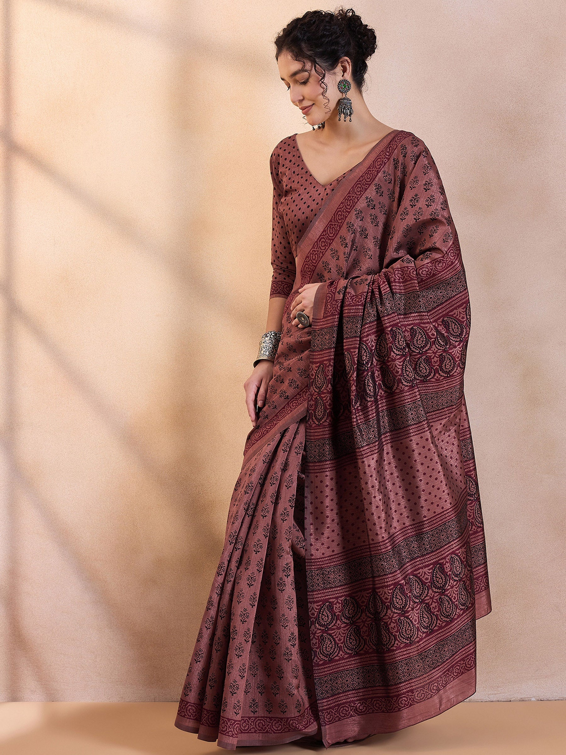 Buy MySilkLove Coffee Brown Printed Dola Silk Saree Online