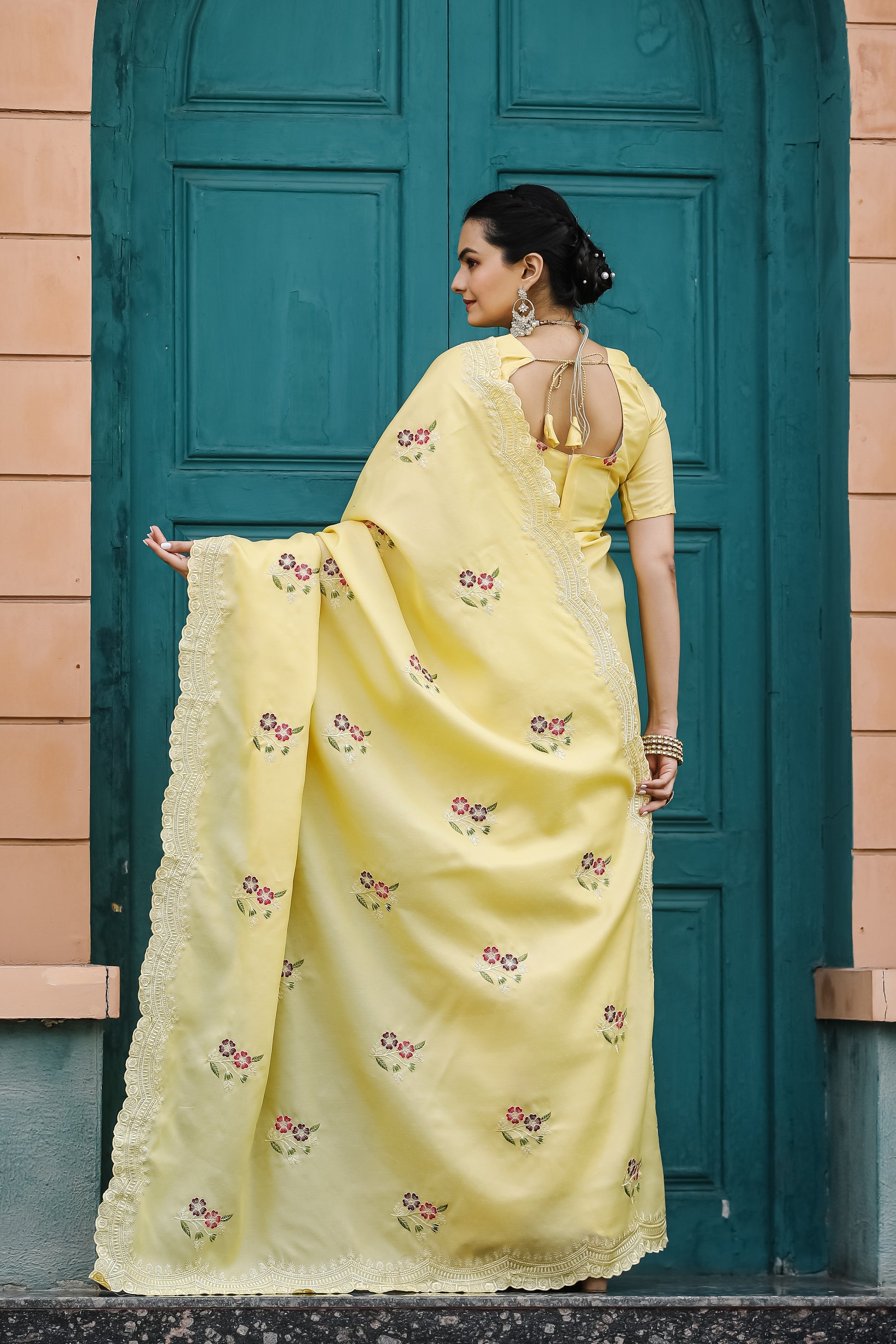 Buy MySilkLove Pale Canary Yellow Embroidery Tussar Cotton Saree Online