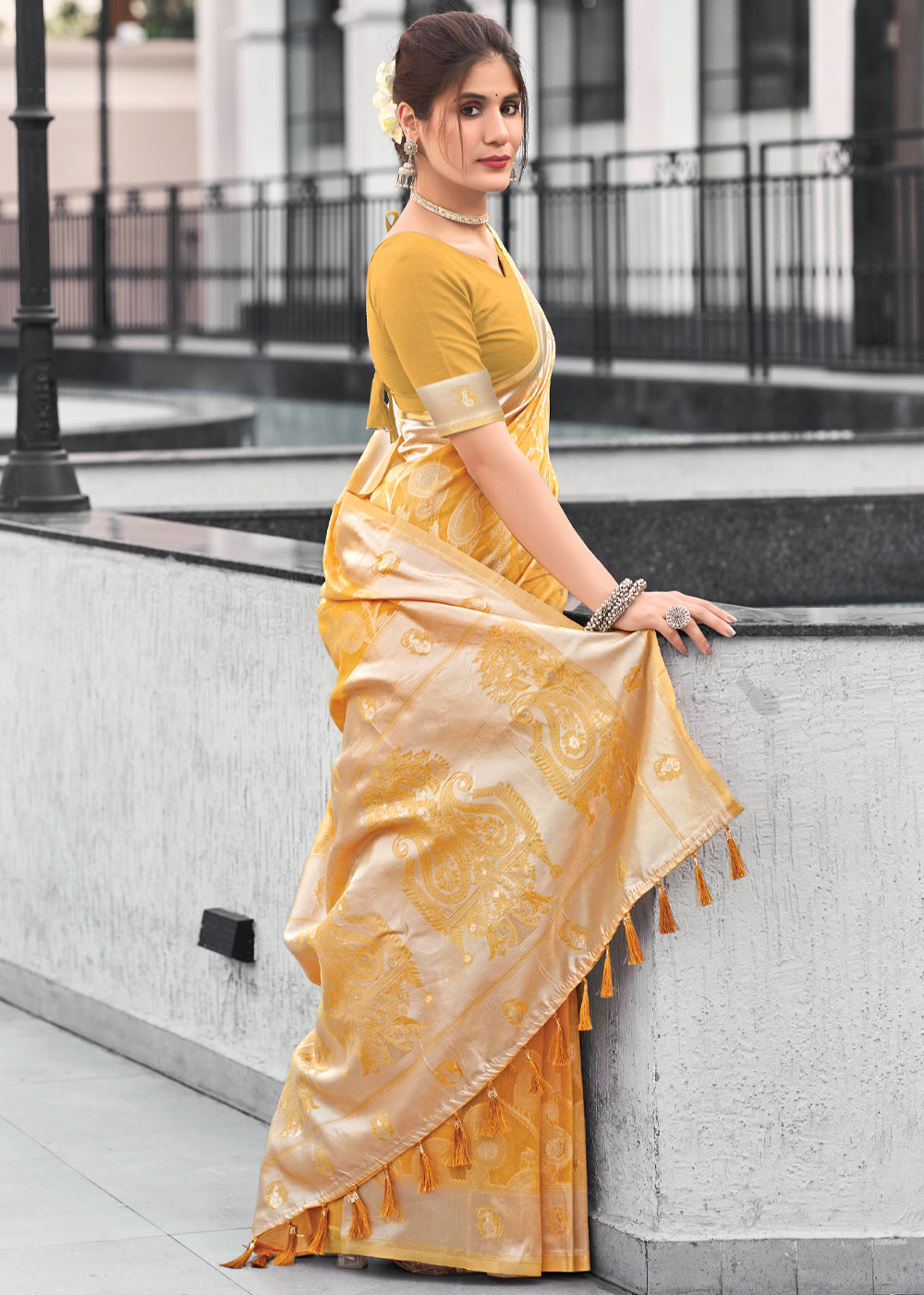 Buy MySilkLove Sunset Yellow Lucknowi Linen Cotton Saree Online