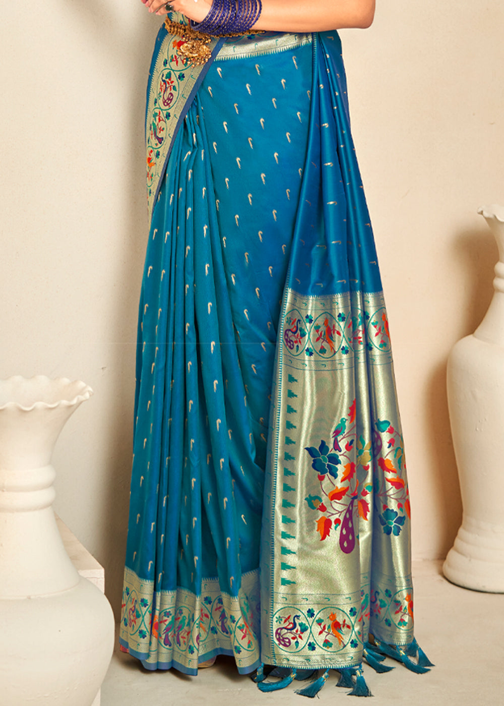 Buy MySilkLove Peacock Blue Woven Paithani Silk Saree Online