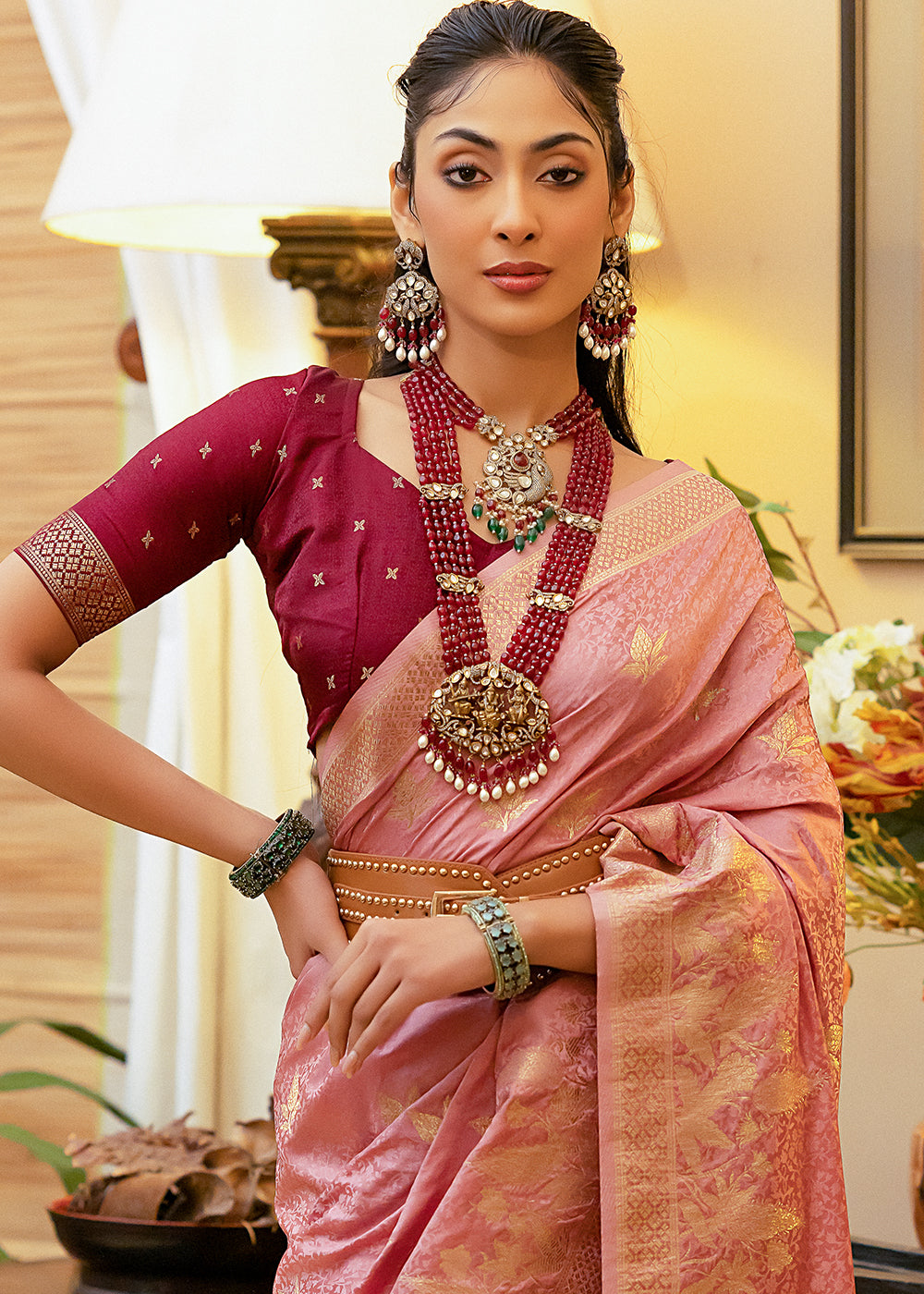 Buy MySilkLove Sea Pink Woven Satin Silk Saree Online