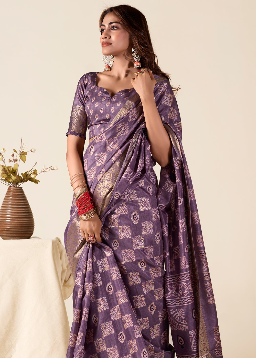 Buy MySilkLove Eggplant Purple Banarasi Printed Soft Silk Saree Online