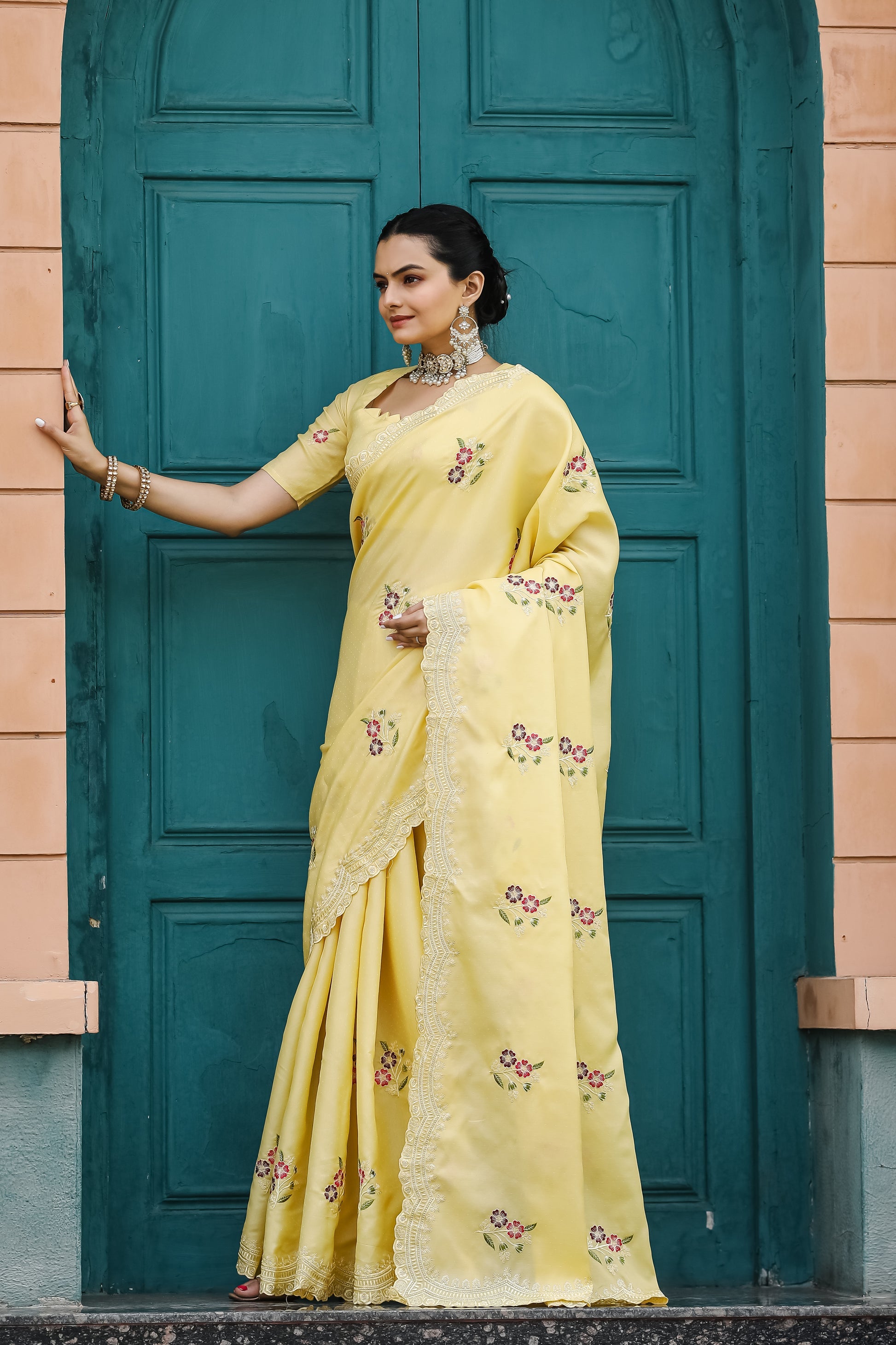 Buy MySilkLove Pale Canary Yellow Embroidery Tussar Cotton Saree Online