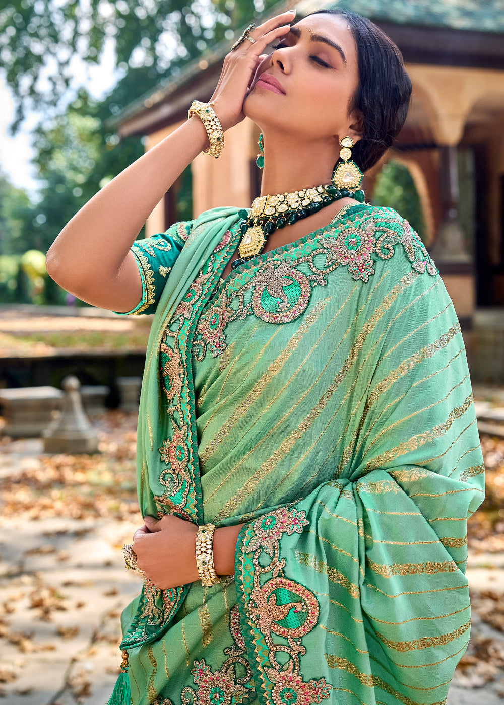 Buy MySilkLove Pista Green Woven Designer Banarasi Embroidered Silk Saree Online