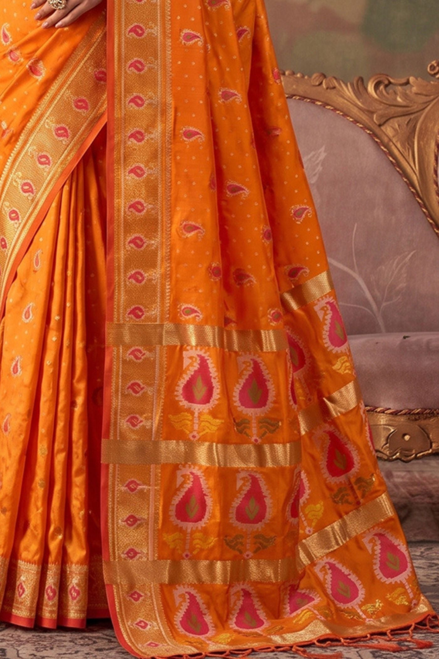 Buy MySilkLove Burnt Orange Woven Banarasi Soft Silk Saree Online