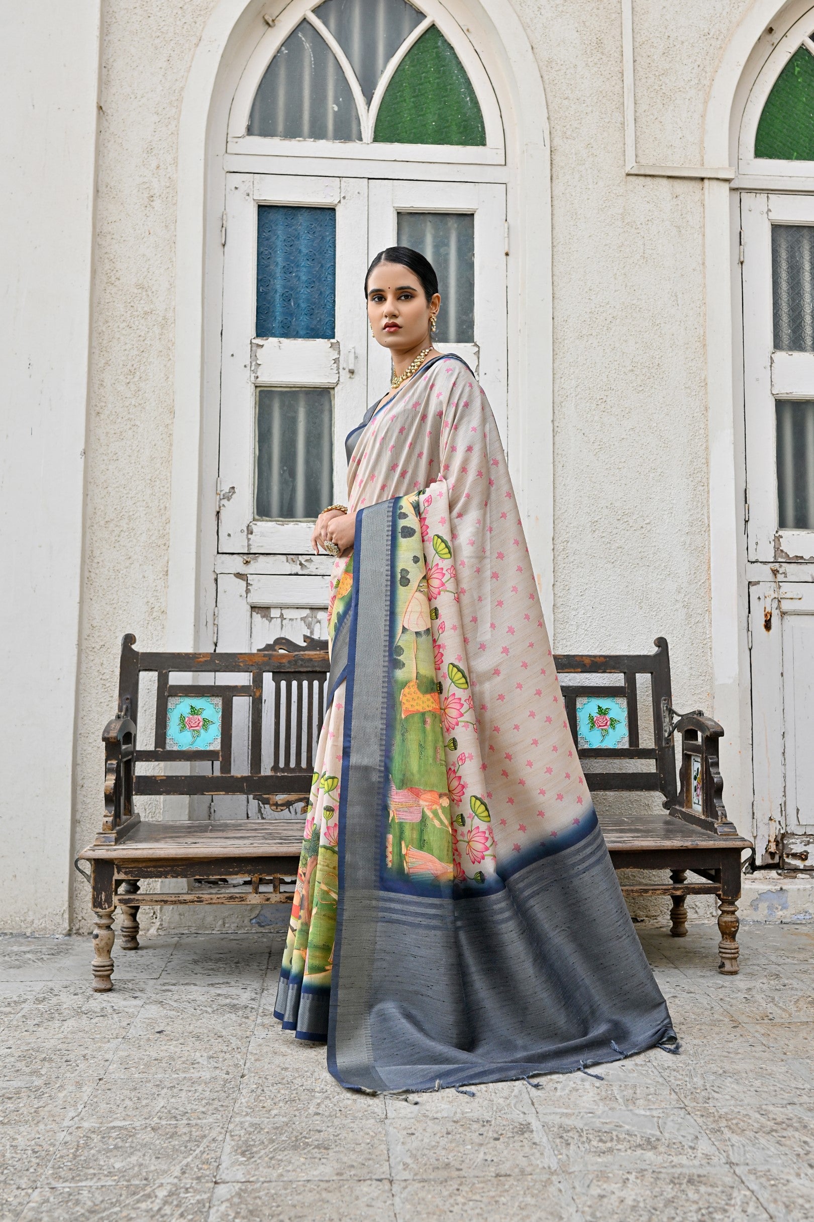 Buy MySilkLove Tide White and Blue Tussar Printed Silk Saree Online