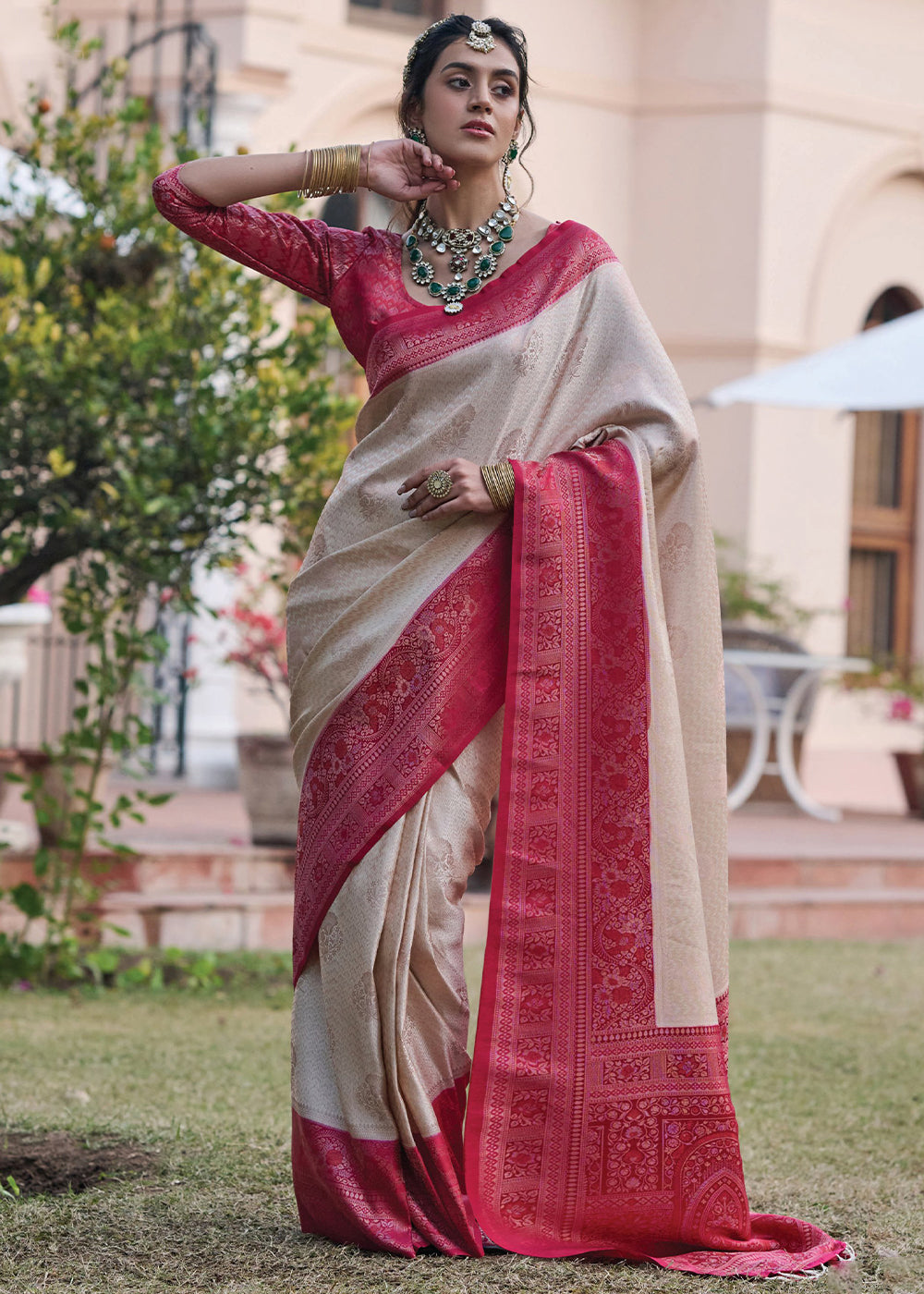 Buy MySilkLove Dusty White and Red Designer Satin Silk Saree Online