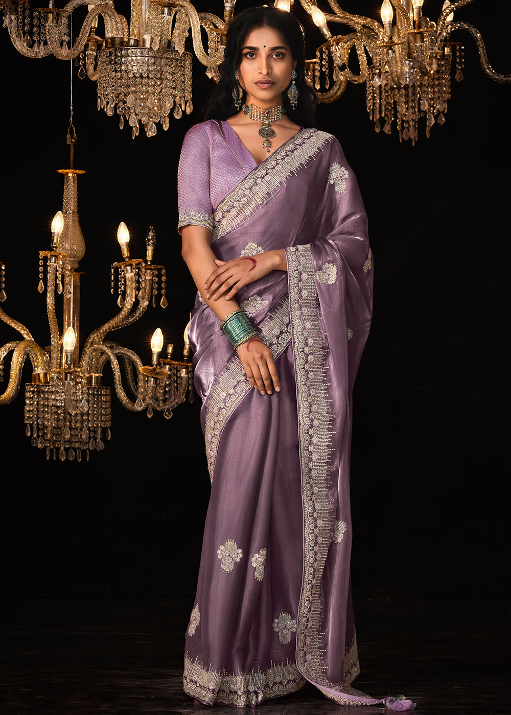 Buy MySilkLove Bouquet Purple Embroidered Designer Satin Silk Saree Online