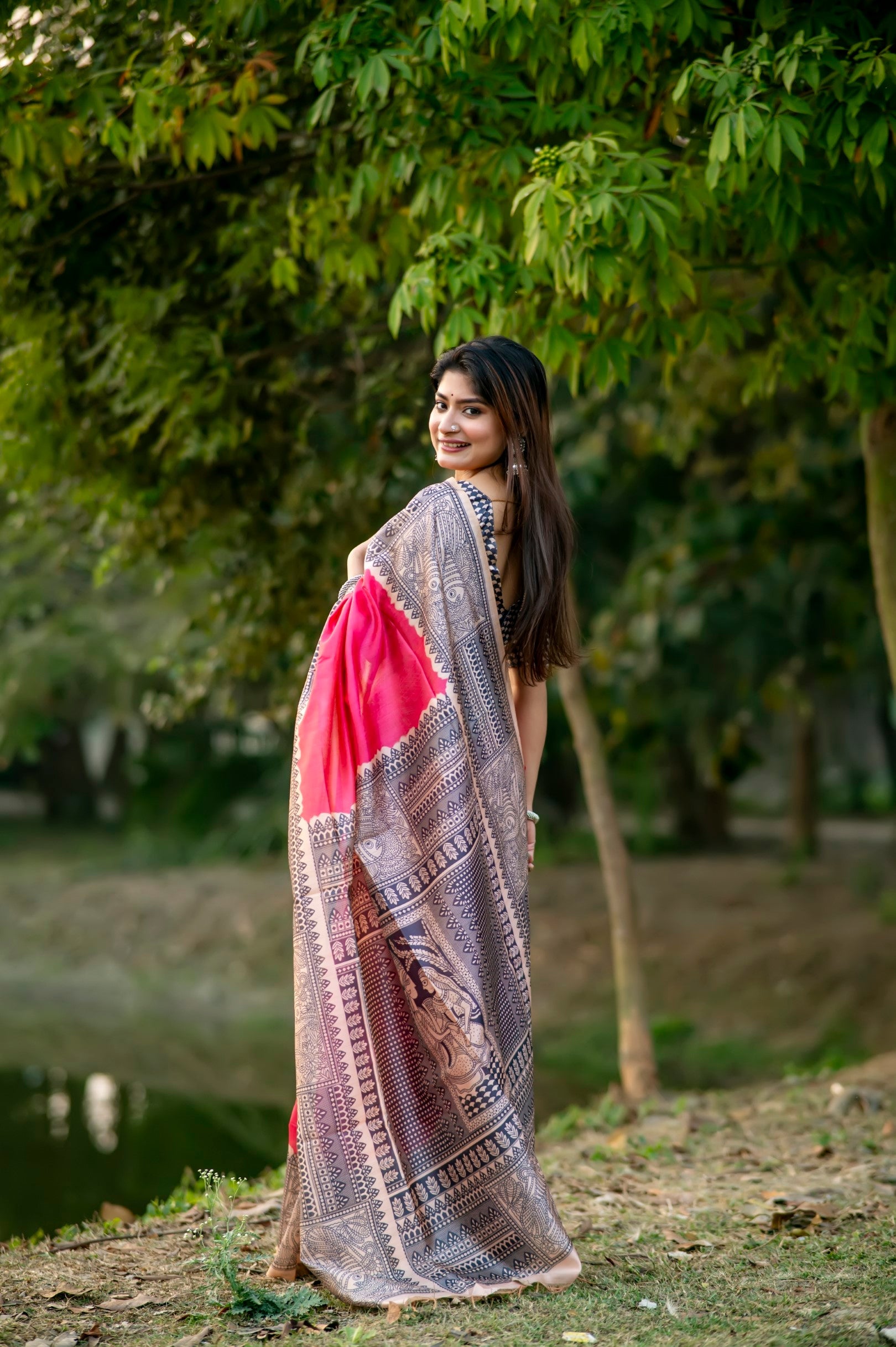 Buy MySilkLove Radical Pink Madhubani Printed Silk Saree Online