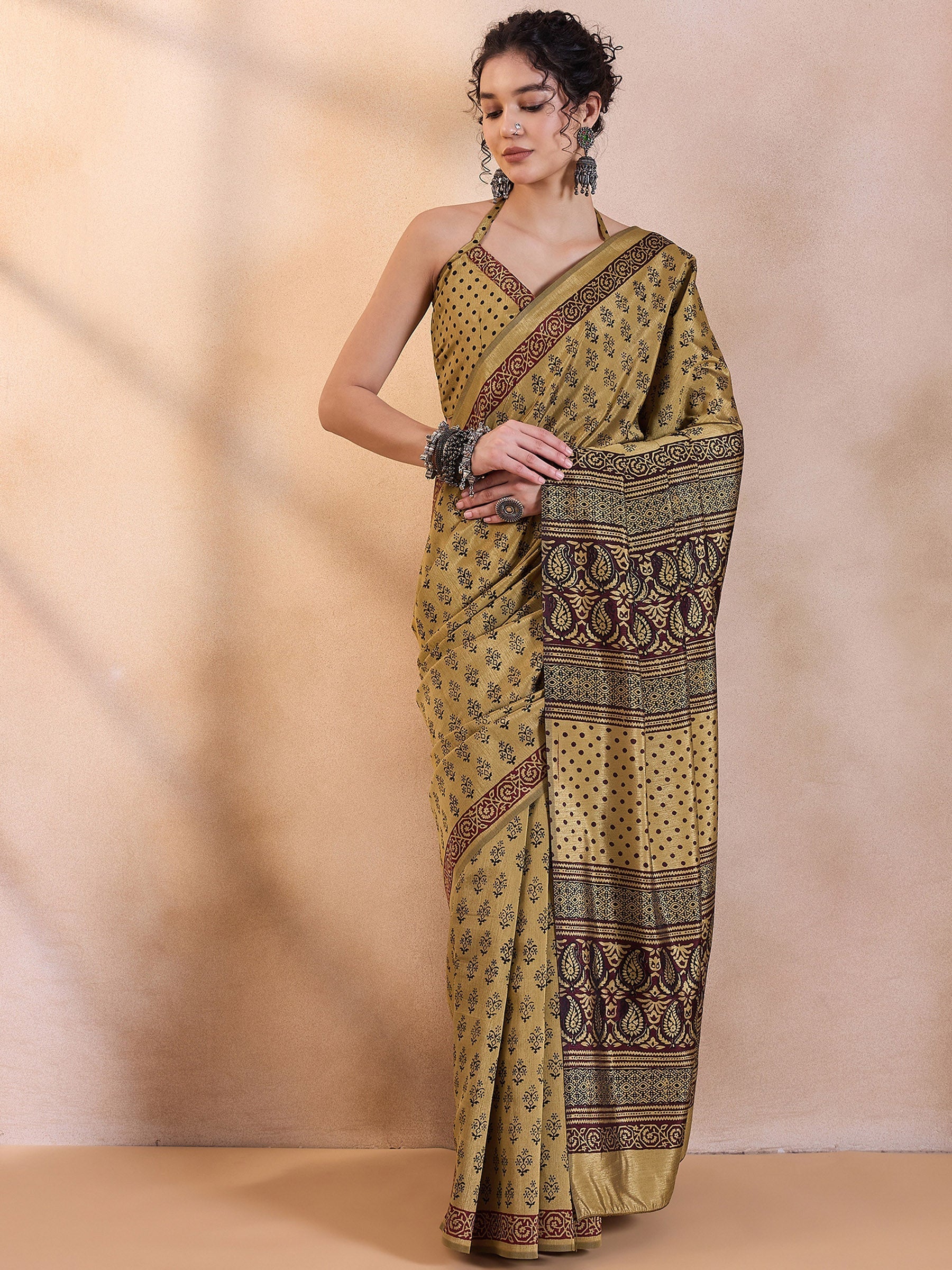 Buy MySilkLove Muesli Yellow Printed Dola Silk Saree Online