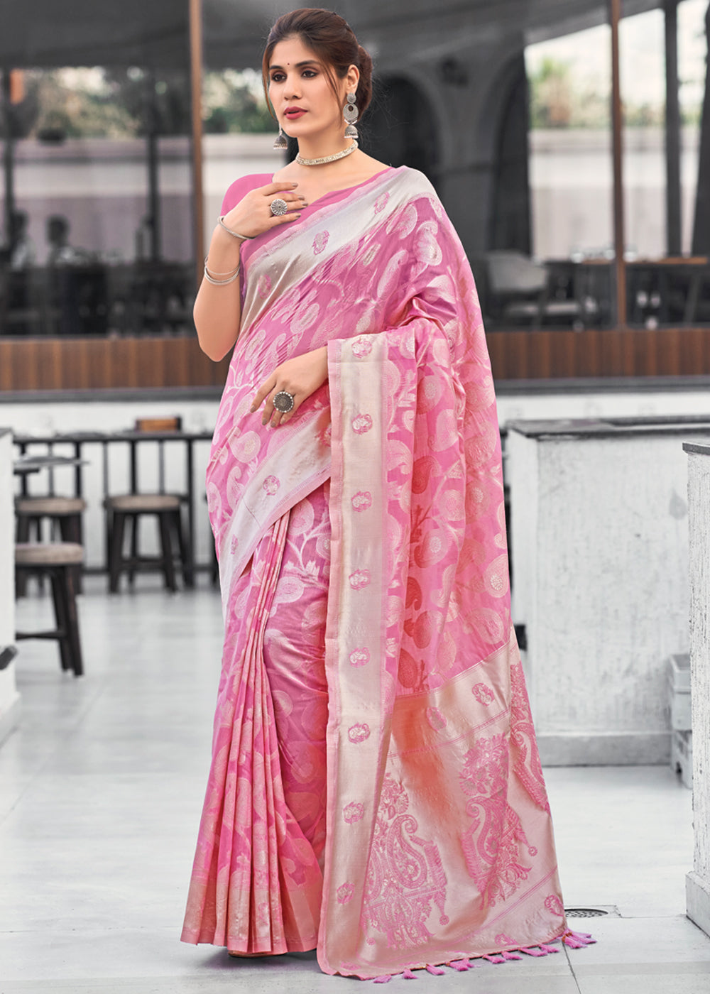 Buy MySilkLove French Pink Lucknowi Linen Cotton Saree Online