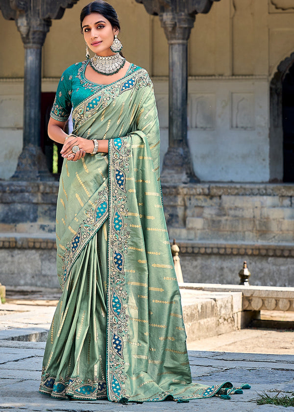 Fern Green Woven Designer Banarasi Embroidered Silk Saree