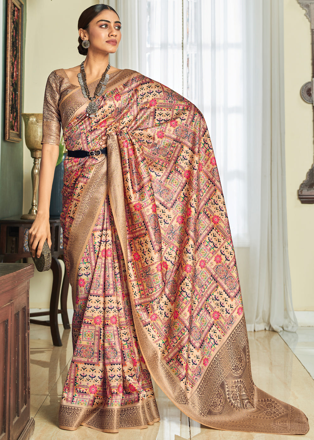 Buy MySilkLove Barley Pink and Cream Woven Banarasi Satin Silk Saree Online