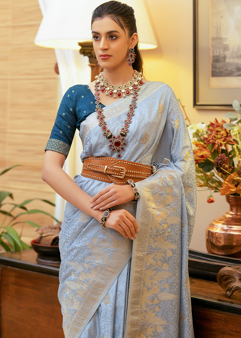 Buy MySilkLove Heather Blue Woven Satin Silk Saree Online