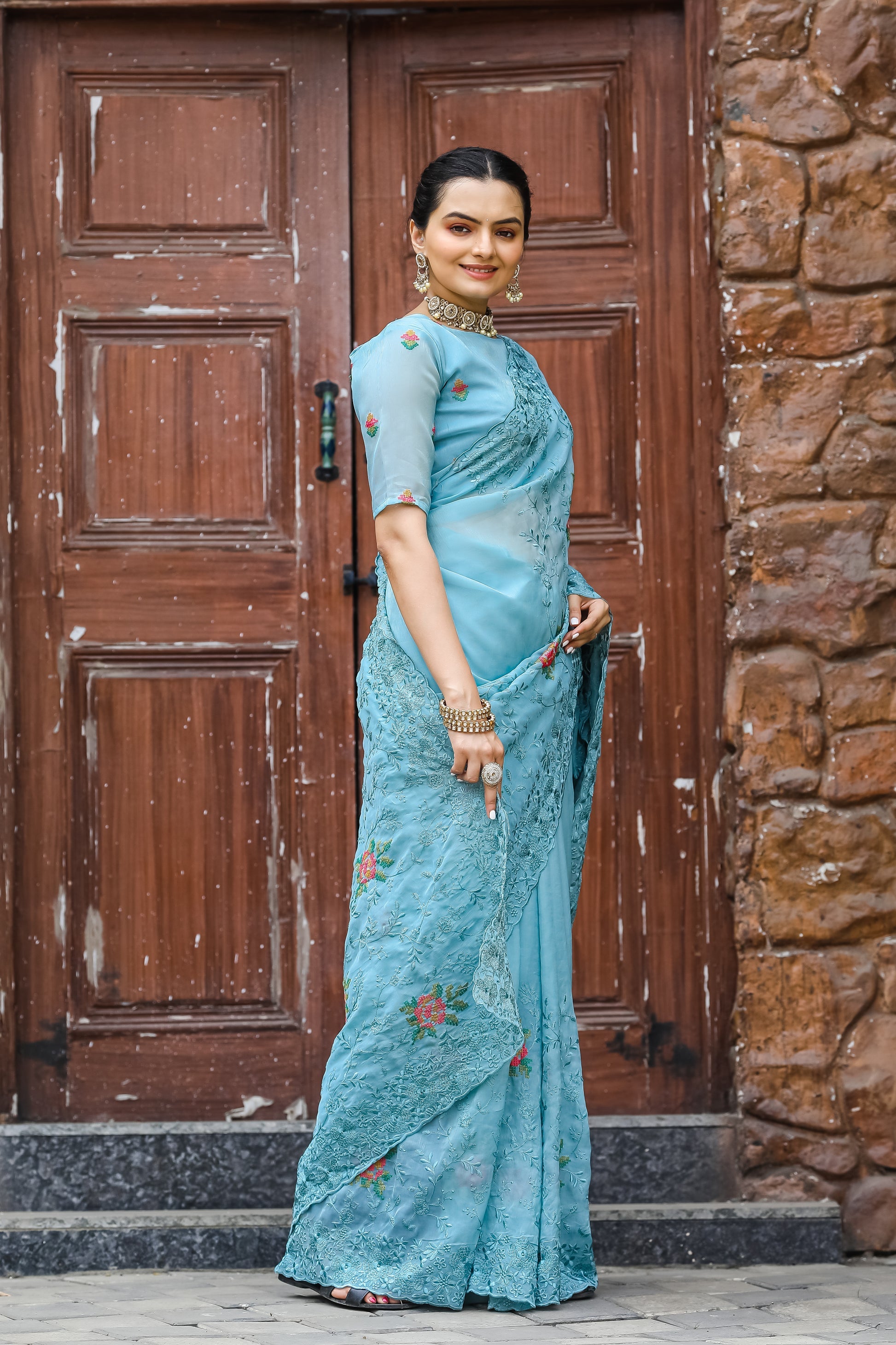 MySilkLove Rainy Blue Embroidered Chiffon Silk Saree