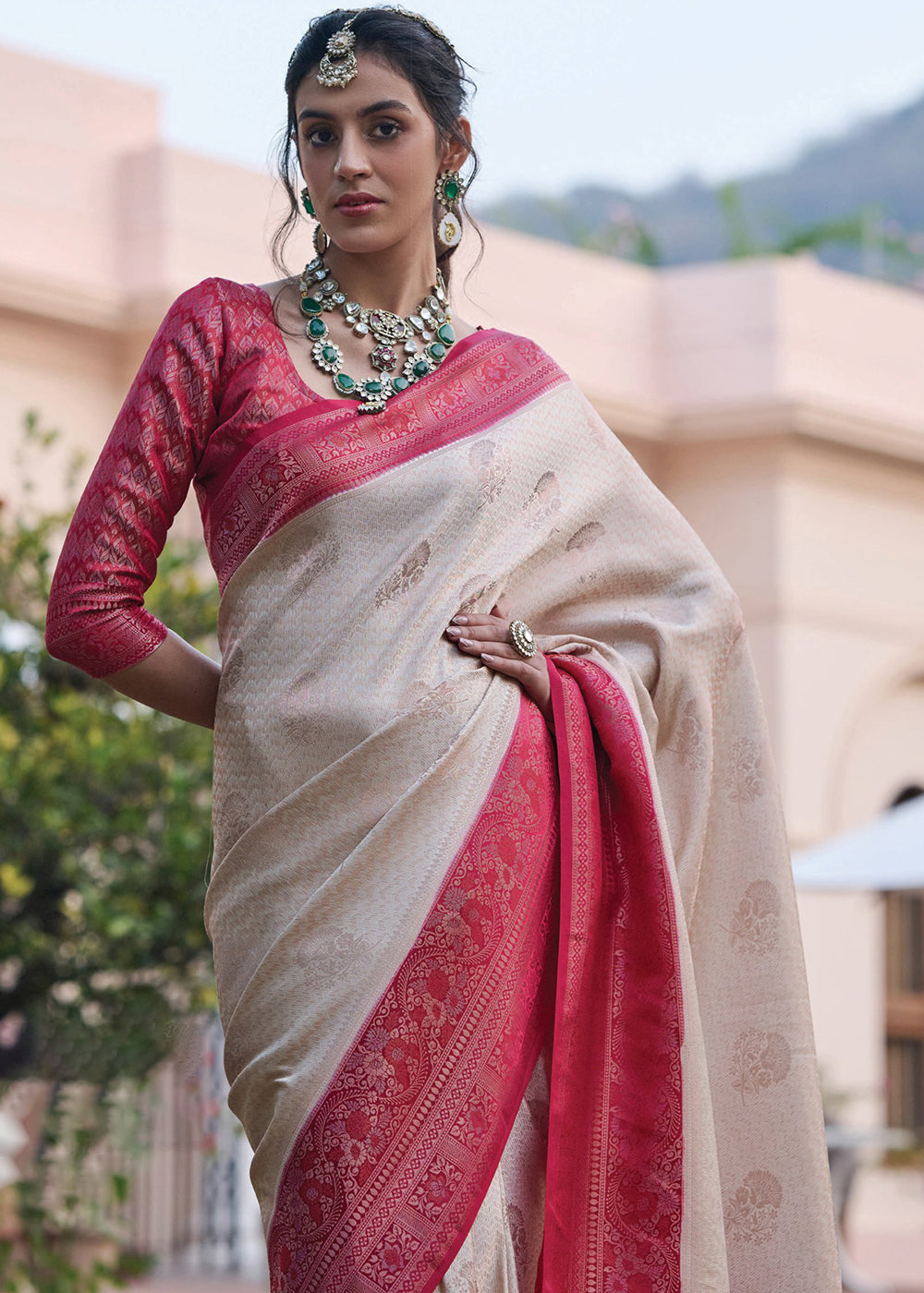 Buy MySilkLove Dusty White and Red Designer Satin Silk Saree Online