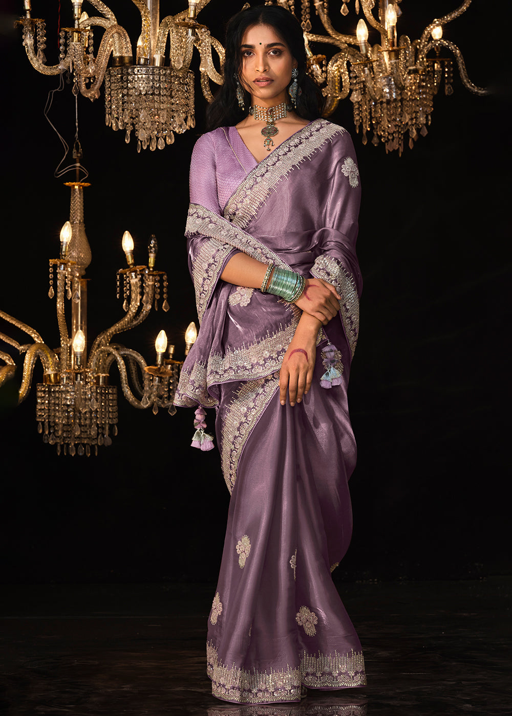 Buy MySilkLove Bouquet Purple Embroidered Designer Satin Silk Saree Online