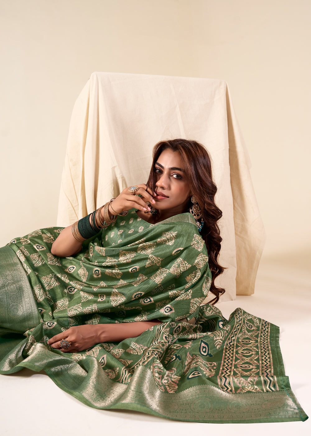 Buy MySilkLove Flax Smoke Green Banarasi Printed Soft Silk Saree Online