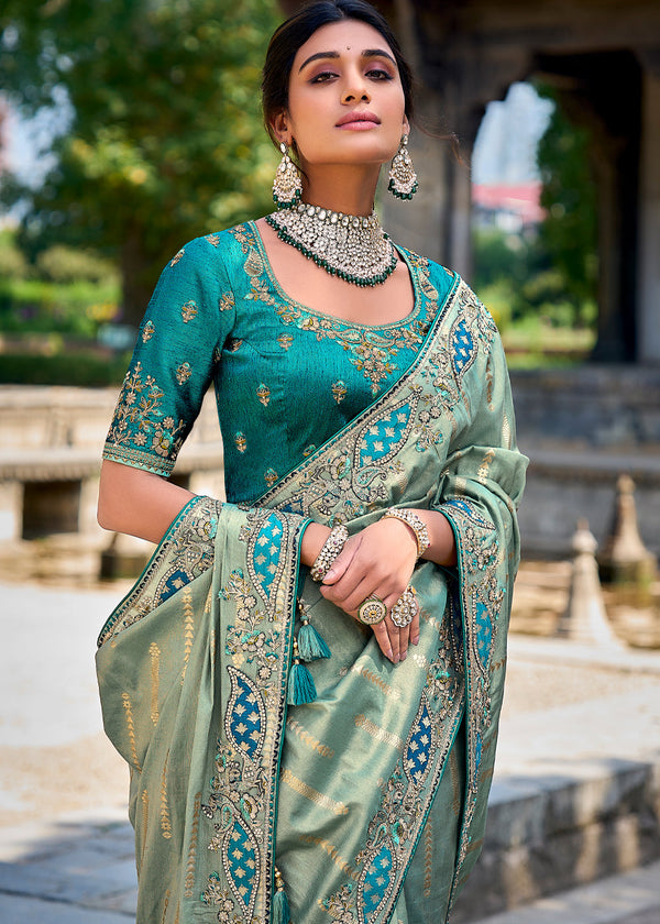 Fern Green Woven Designer Banarasi Embroidered Silk Saree