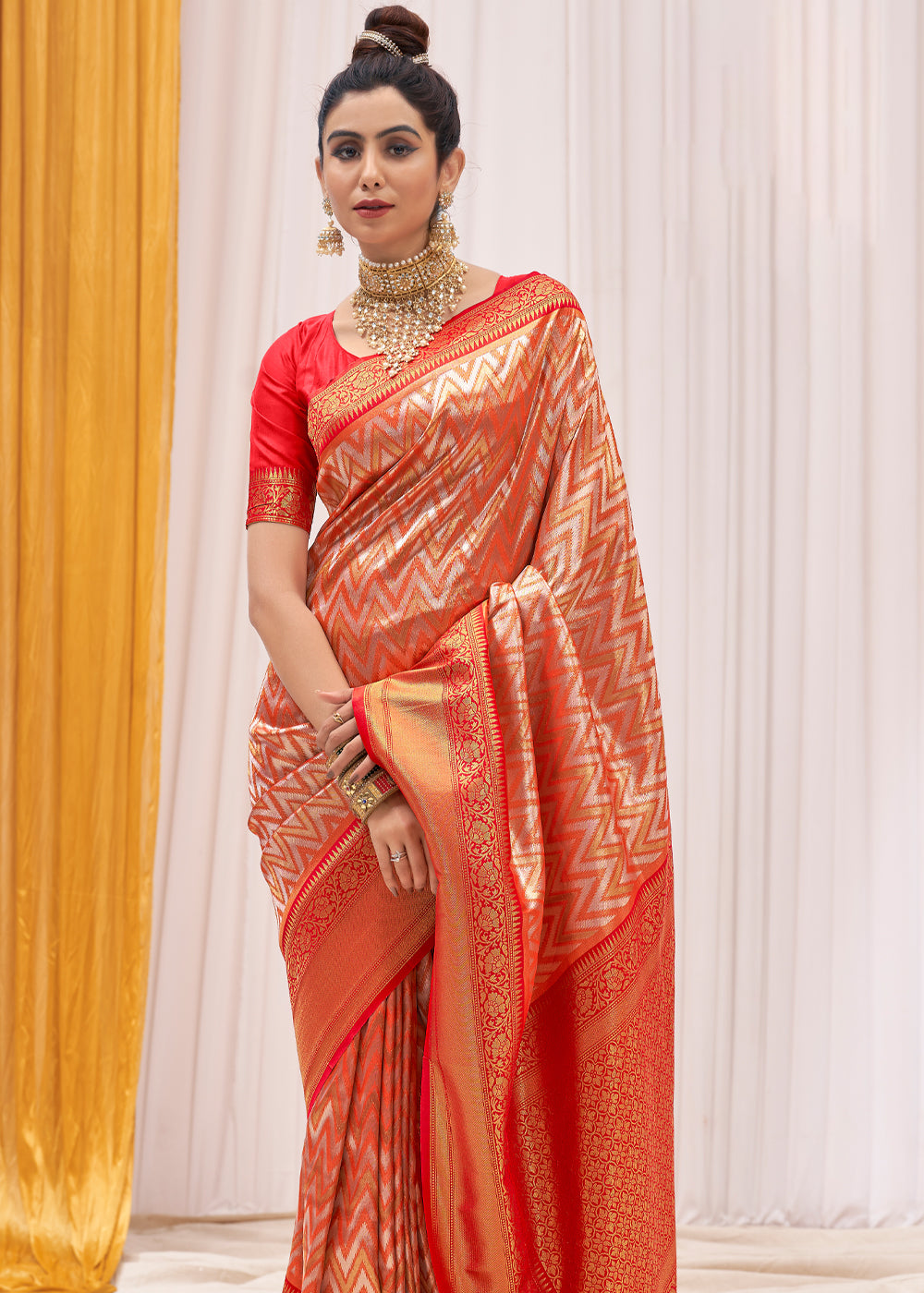 MySilkLove Tan Orange Woven Kanjivaram Saree