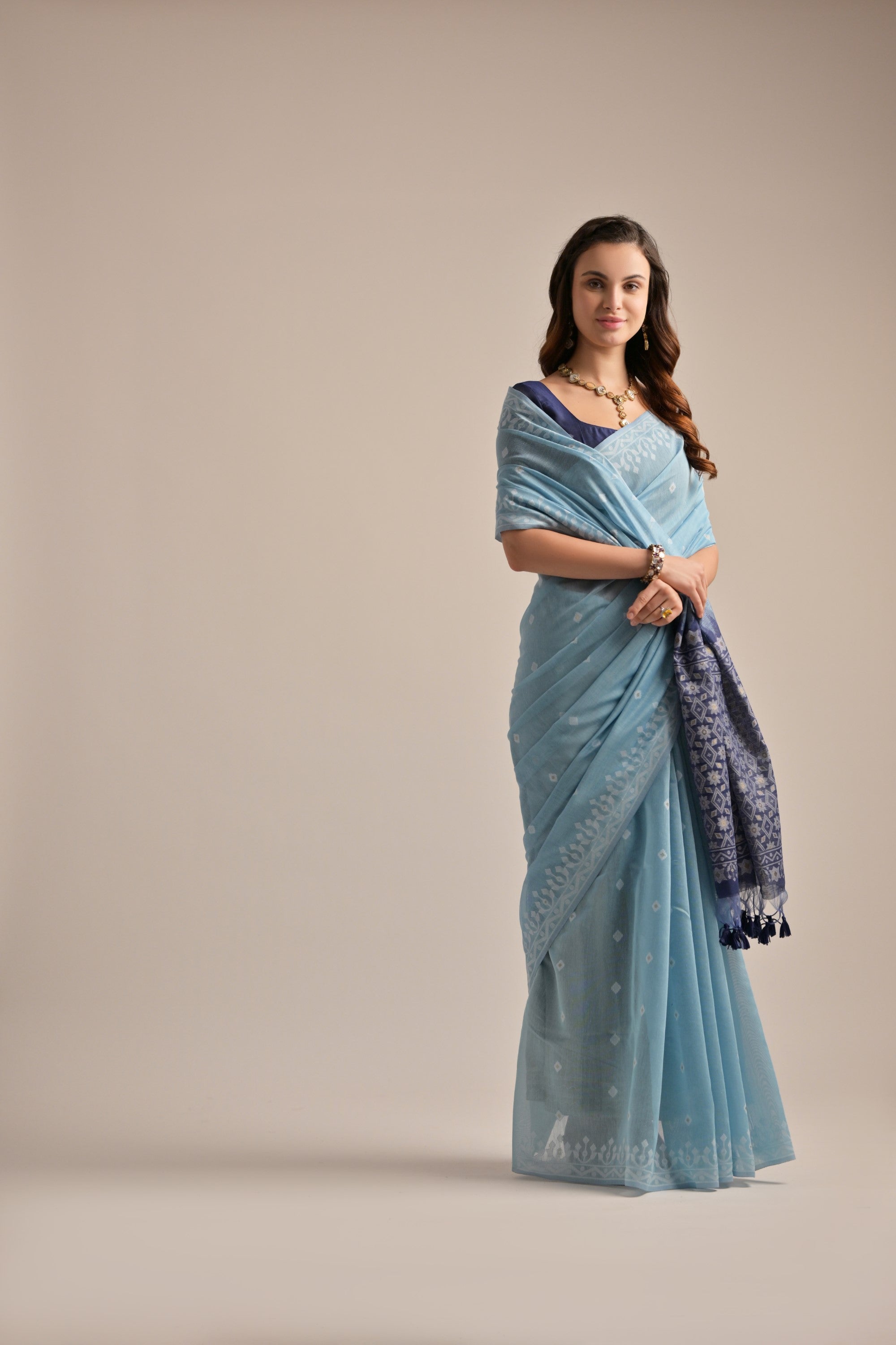 Buy MySilkLove Jungle Mist Blue Lucknowi Woven Muga Cotton Saree Online