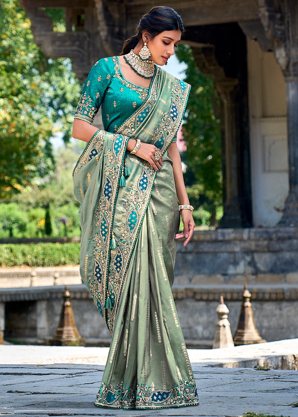 Buy MySilkLove Fern Green Woven Designer Banarasi Embroidered Silk Saree Online