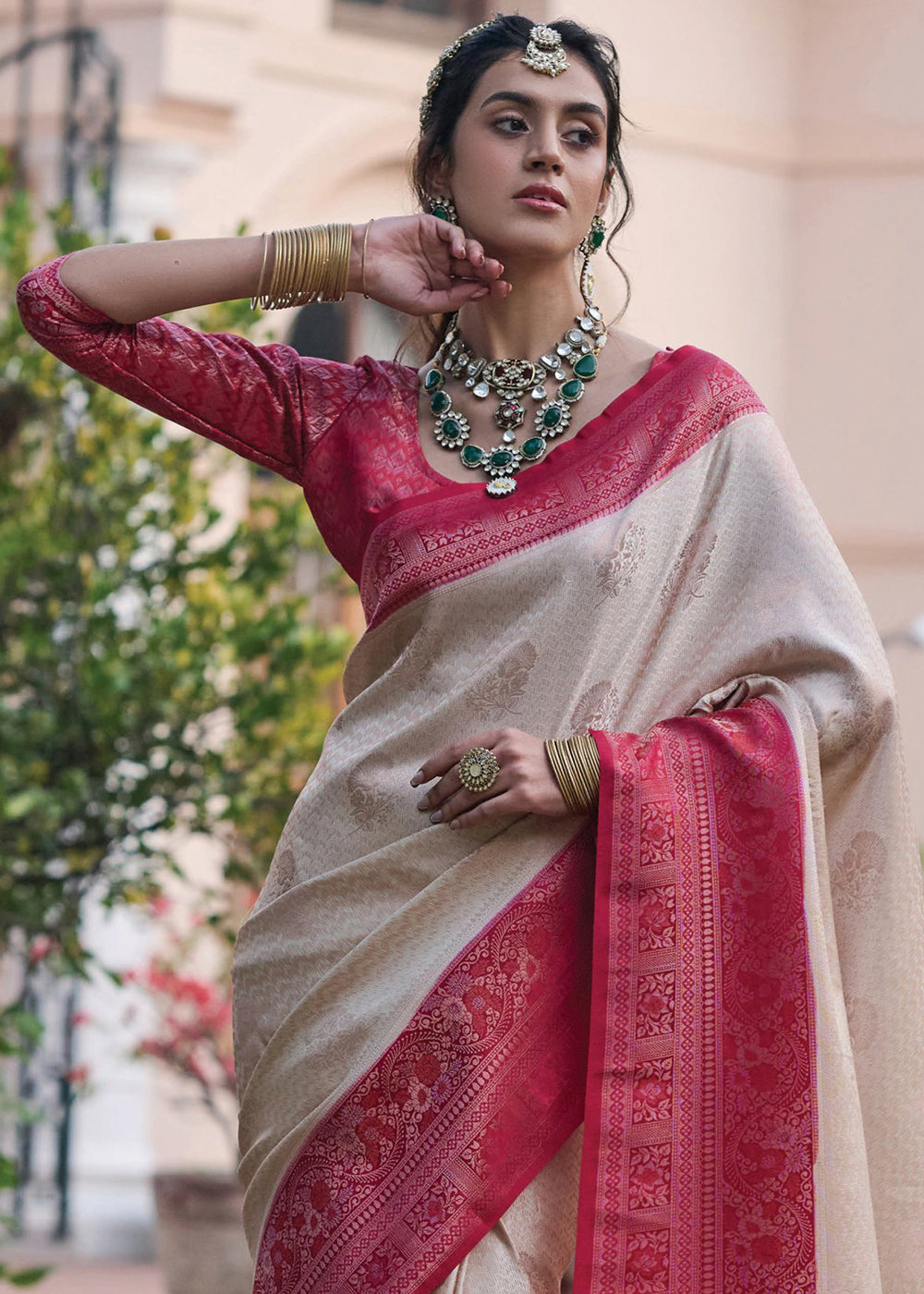 Buy MySilkLove Dusty White and Red Designer Satin Silk Saree Online