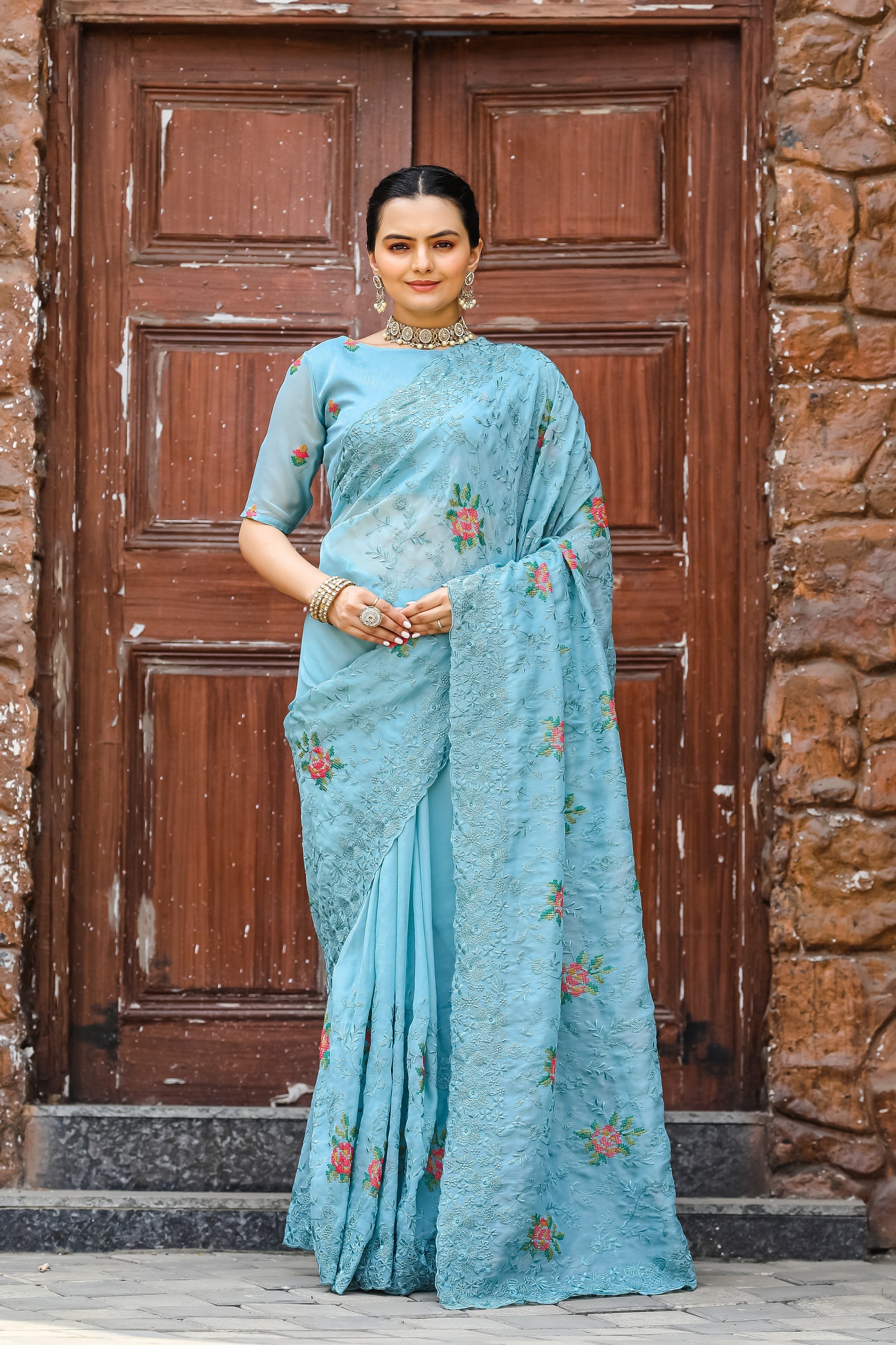 Buy MySilkLove Rainy Blue Embroidered Chiffon Silk Saree Online