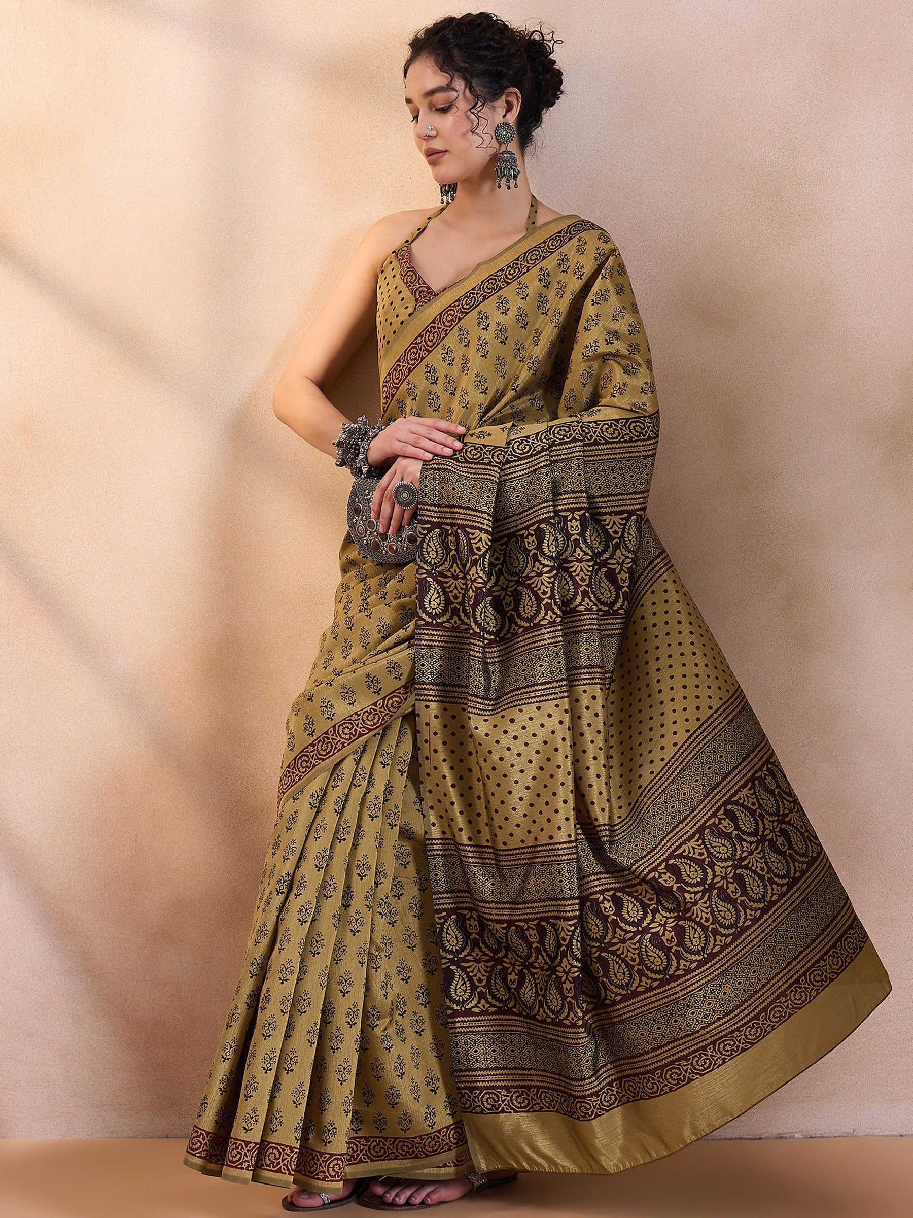 Buy MySilkLove Muesli Yellow Printed Dola Silk Saree Online