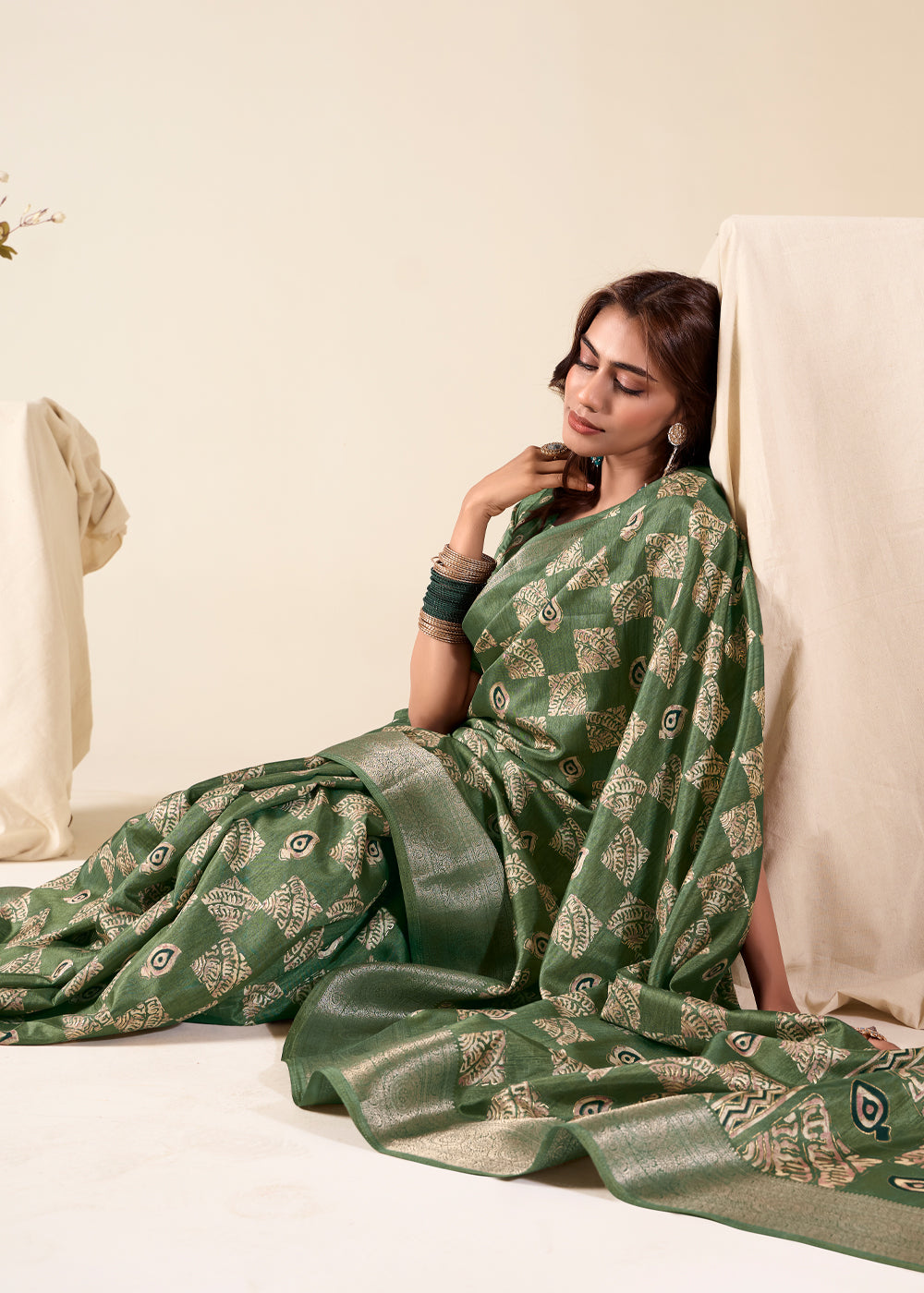 MySilkLove Flax Smoke Green Banarasi Printed Soft Silk Saree