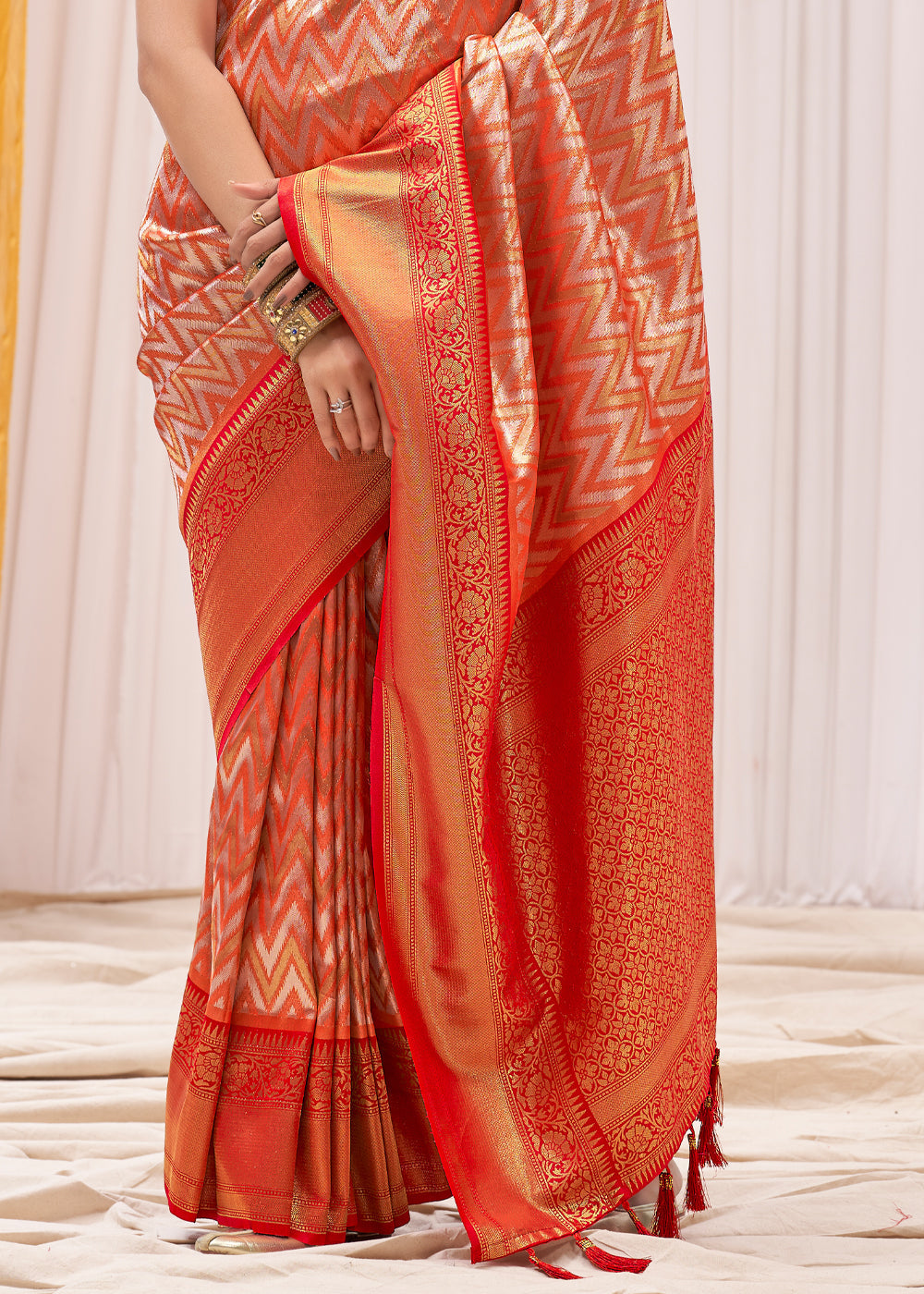 Buy MySilkLove Tan Orange Woven Kanjivaram Saree Online