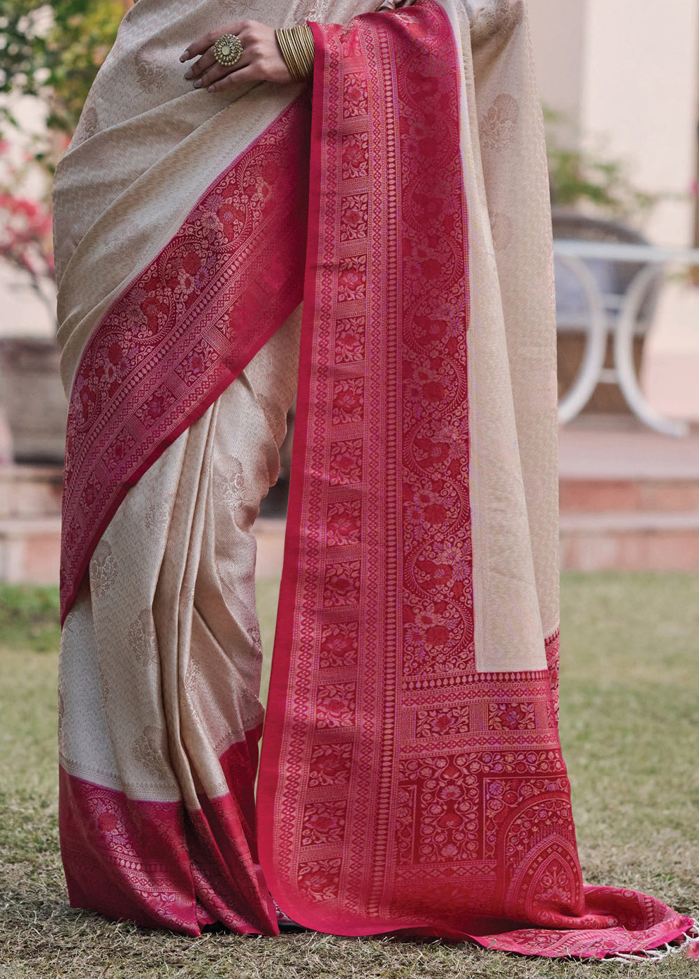 Buy MySilkLove Dusty White and Red Designer Satin Silk Saree Online