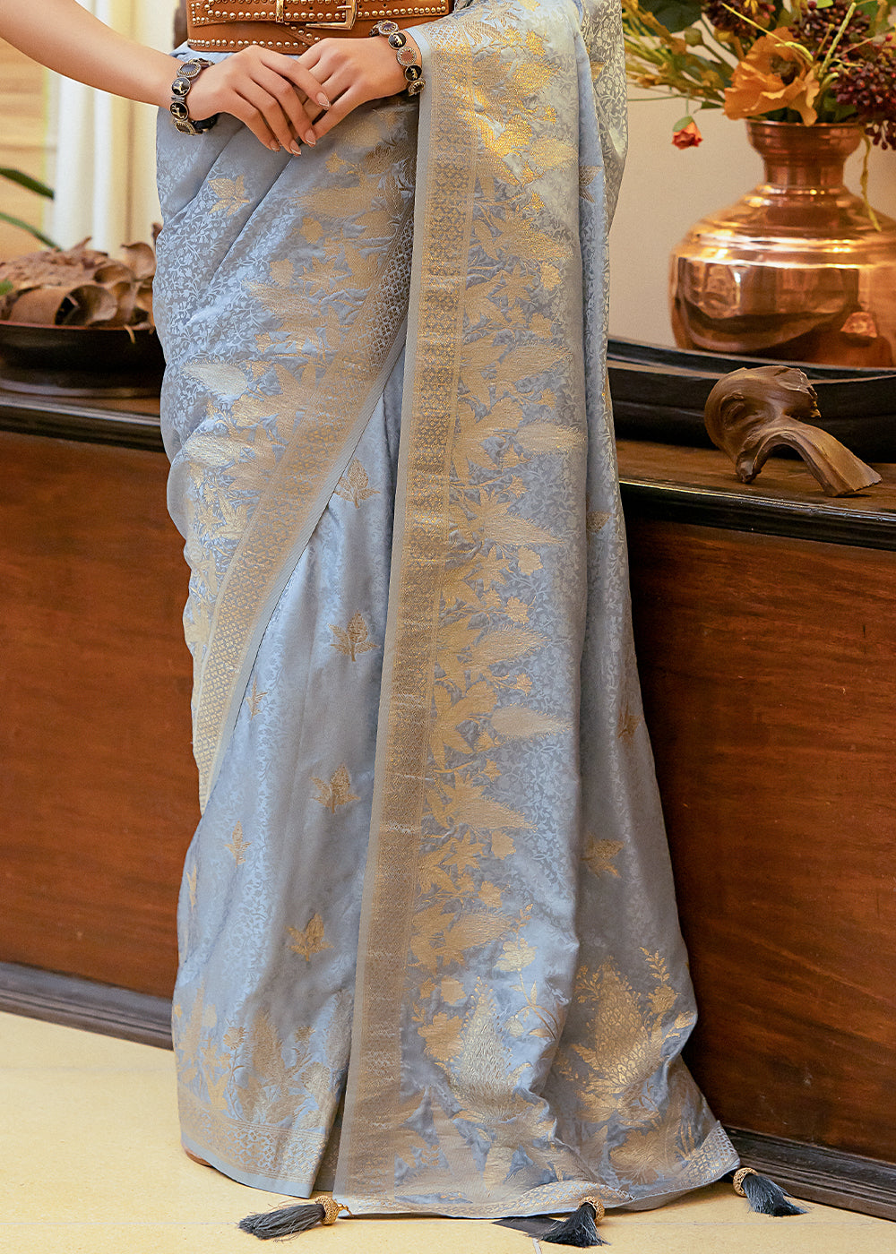 Buy MySilkLove Heather Blue Woven Satin Silk Saree Online