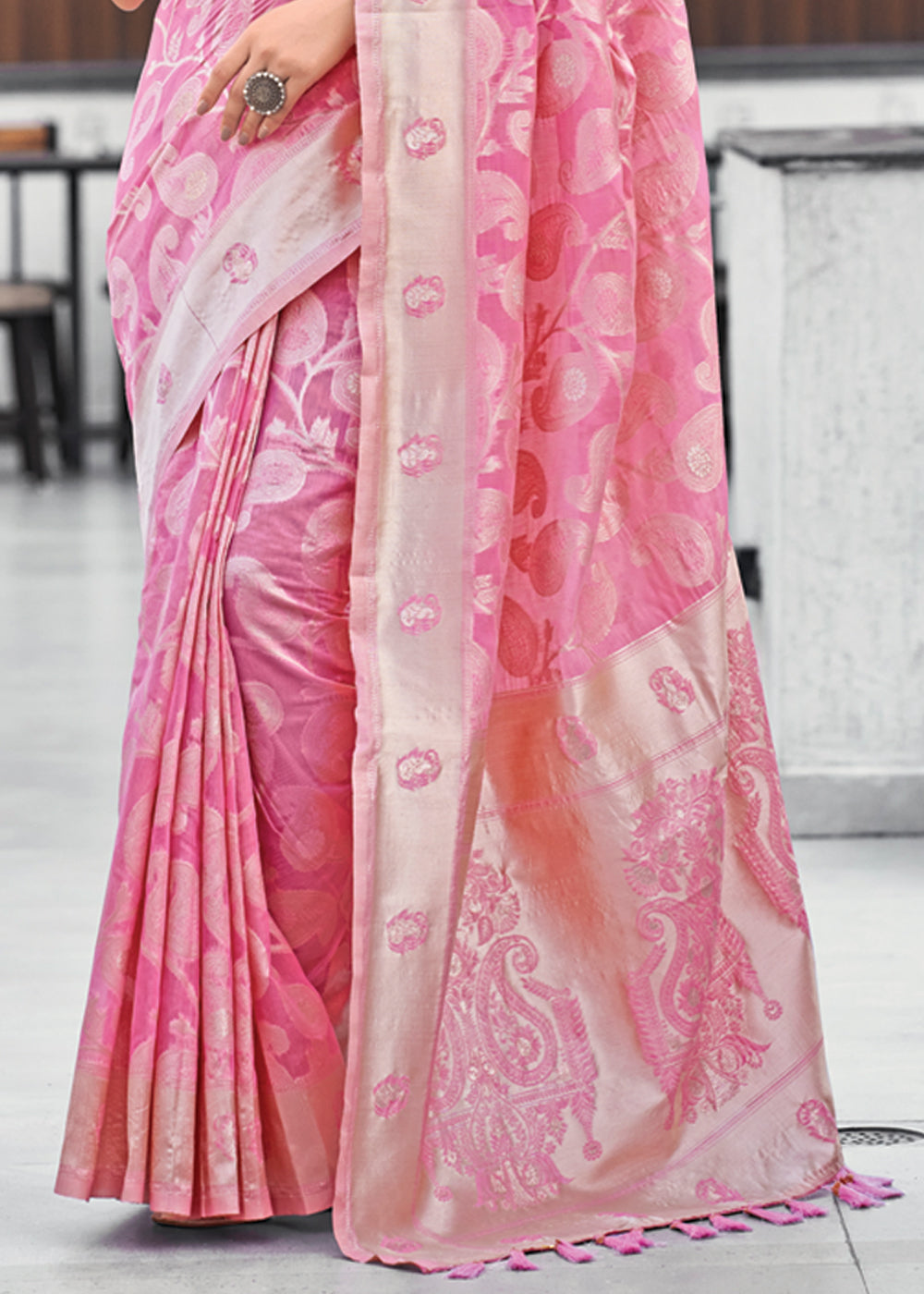 Buy MySilkLove French Pink Lucknowi Linen Cotton Saree Online