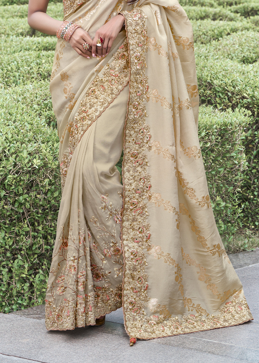 Buy MySilkLove Bone Cream Embroidered Designer Silk Saree Online