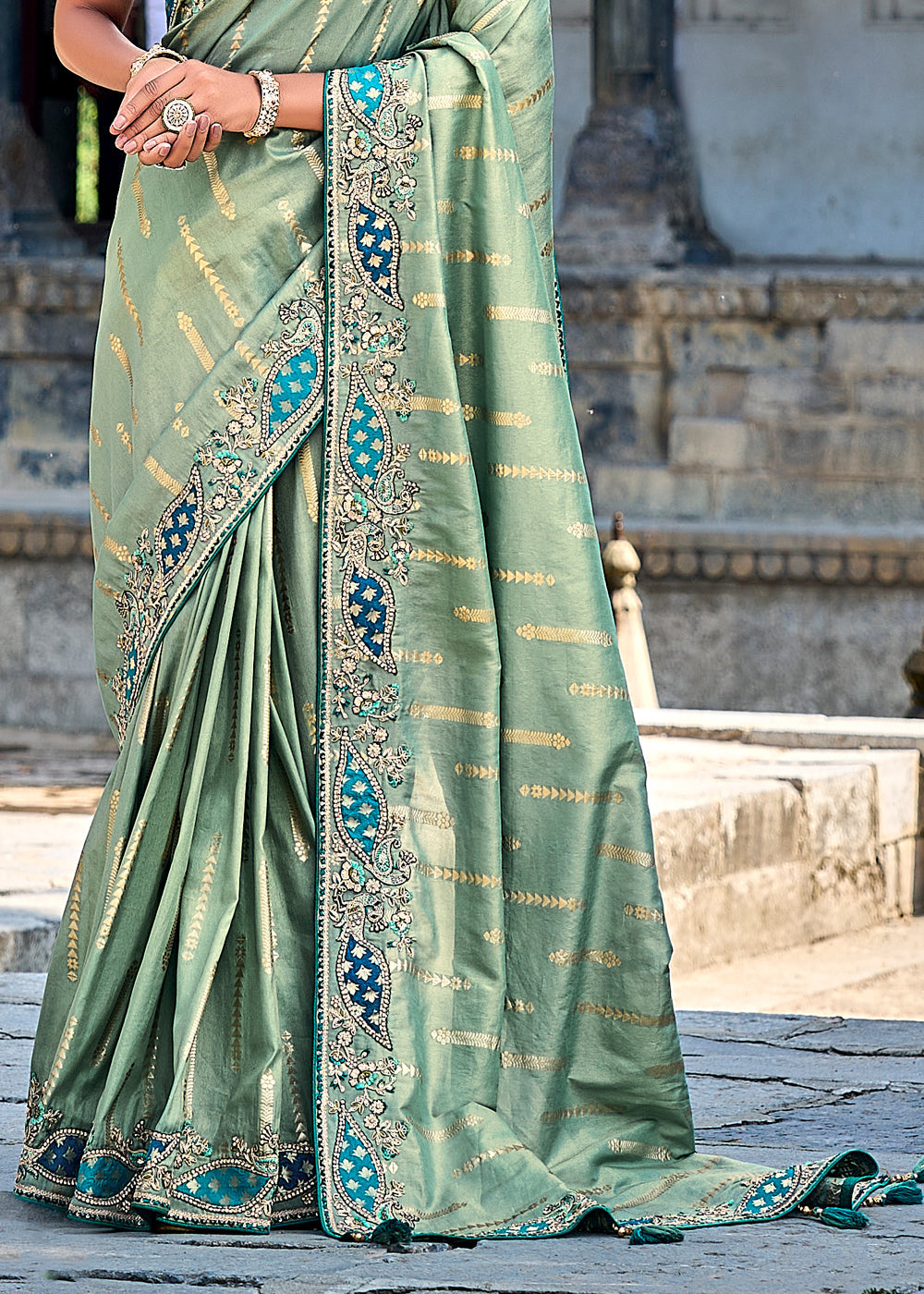 Buy MySilkLove Fern Green Woven Designer Banarasi Embroidered Silk Saree Online