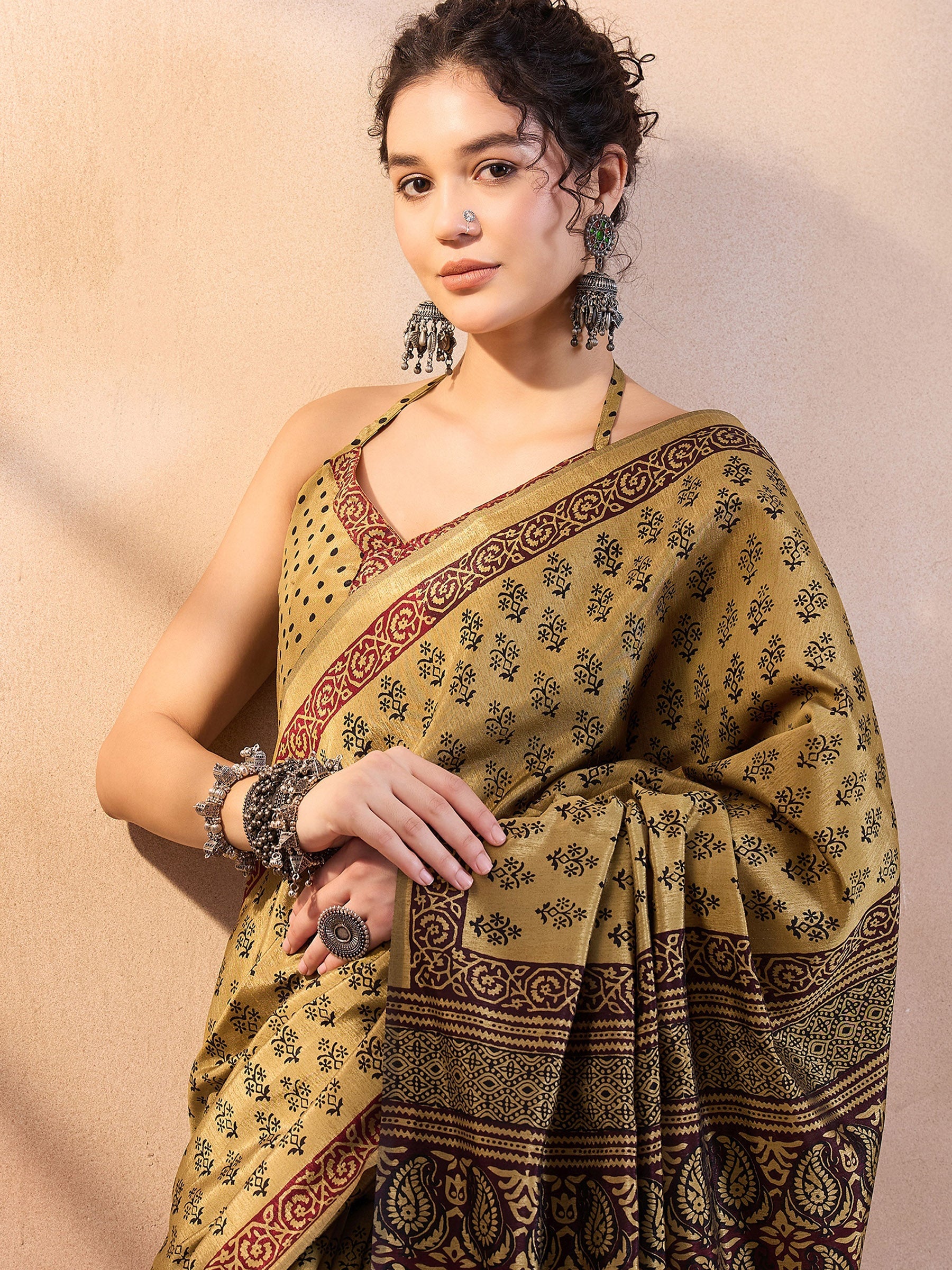 Buy MySilkLove Muesli Yellow Printed Dola Silk Saree Online