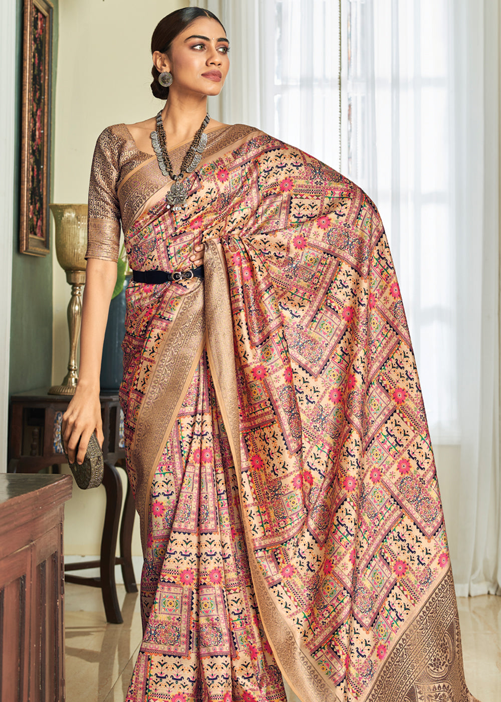 Buy MySilkLove Barley Pink and Cream Woven Banarasi Satin Silk Saree Online