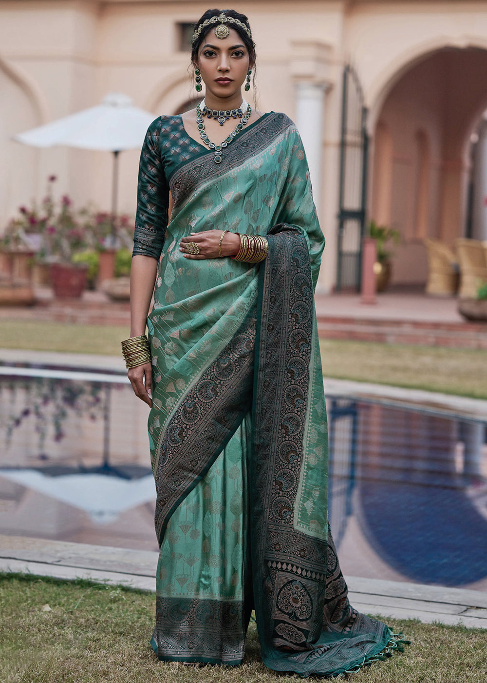 Buy MySilkLove Stromboli Green Designer Satin Silk Saree Online