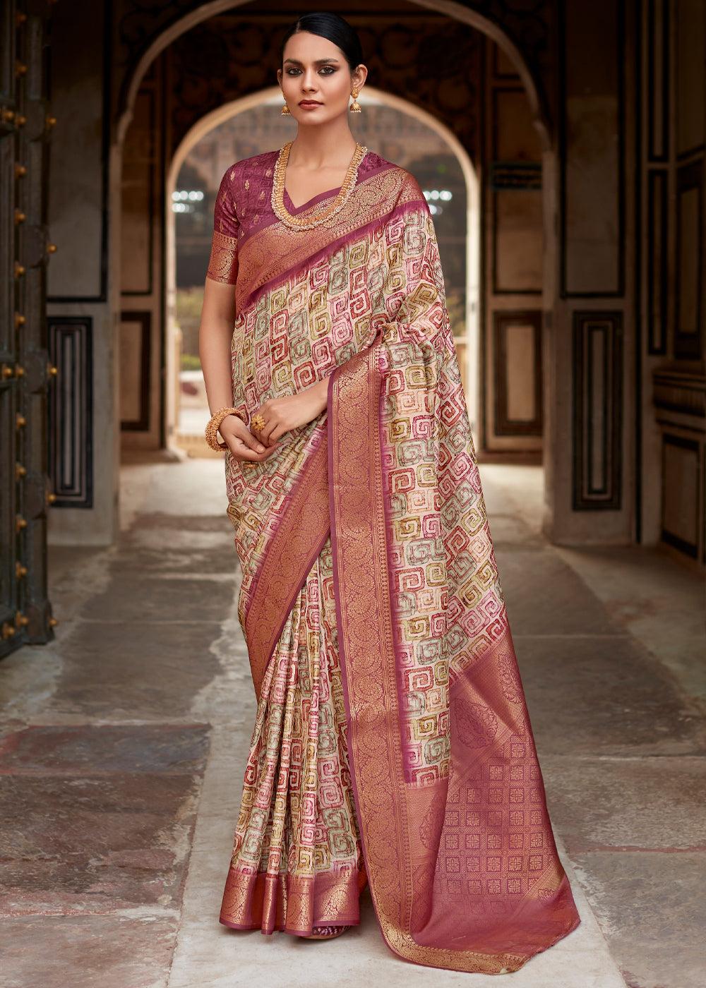 Buy MySilkLove El Salva Brown Banarasi Digital Printed Silk Saree Online