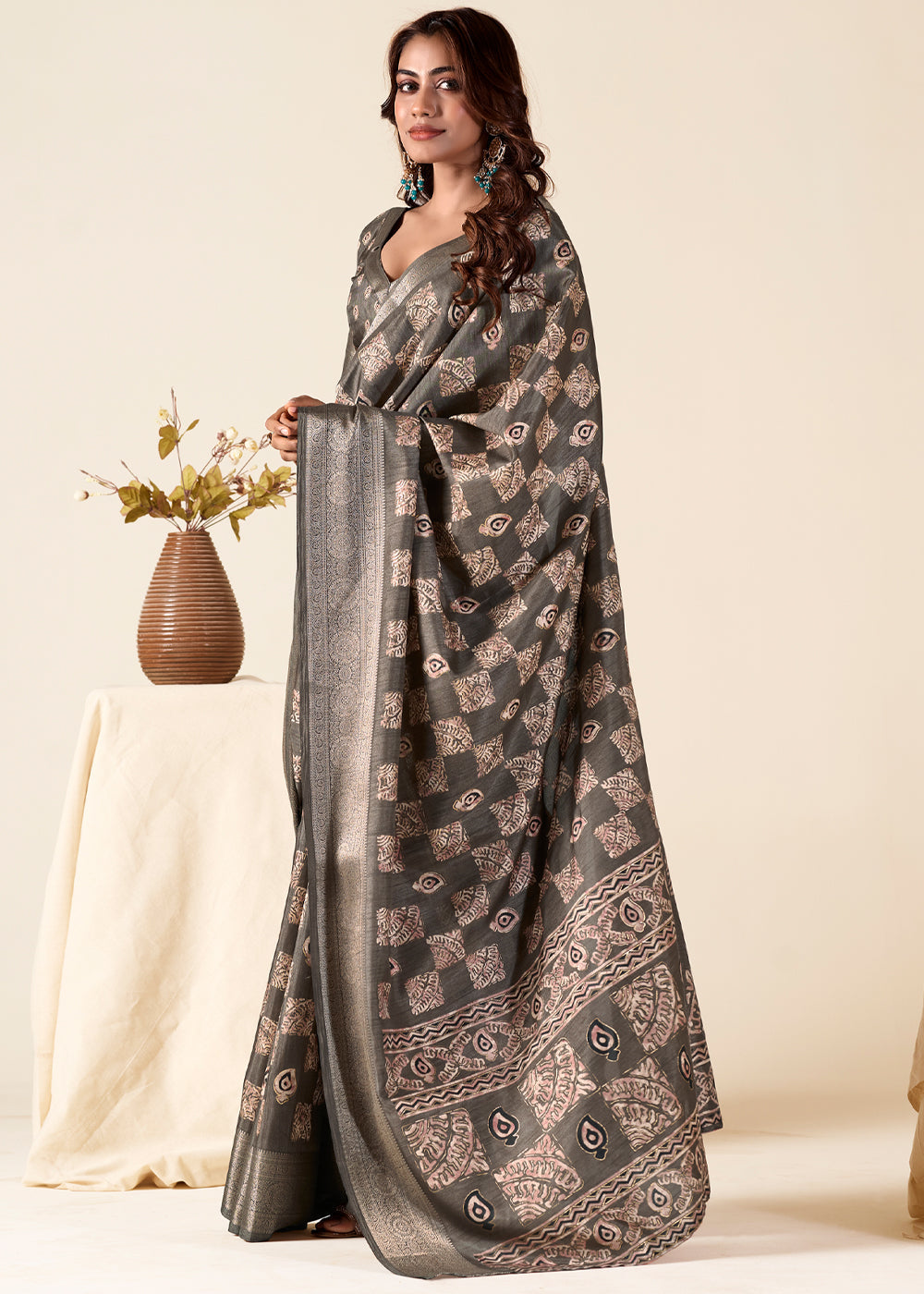 Buy MySilkLove Taupe Grey Banarasi Printed Soft Silk Saree Online