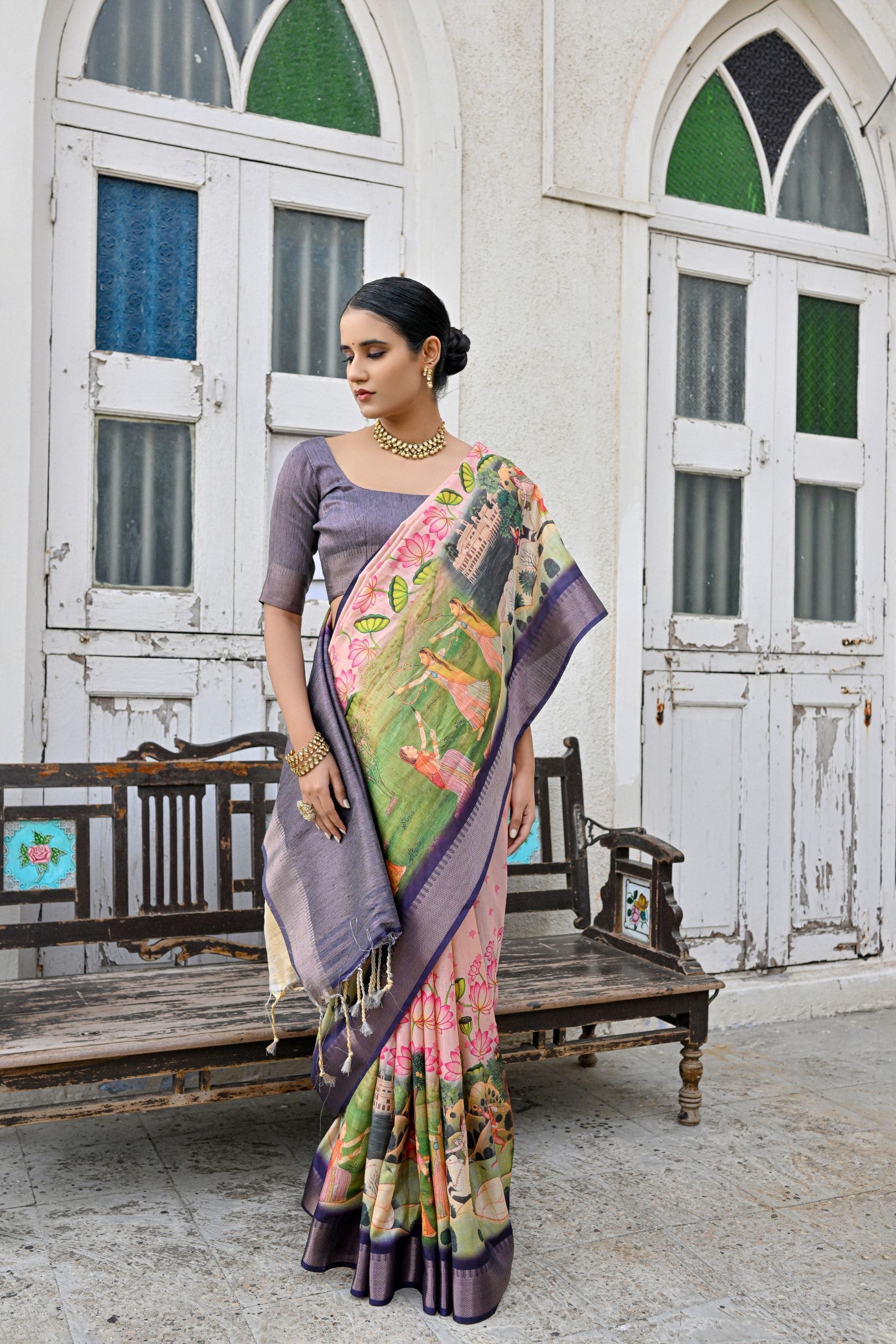 Buy MySilkLove Oriental Pink and Purple Tussar Printed Silk Saree Online