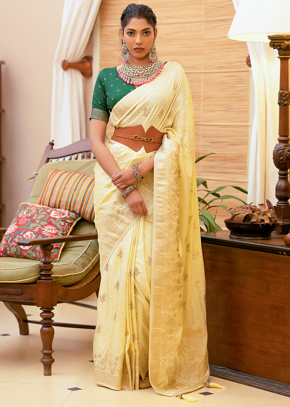 Buy MySilkLove Half Colonial Yellow Woven Satin Silk Saree Online