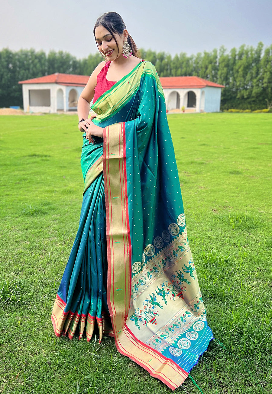 Buy MySilkLove Peacock Blue Woven Paithani Saree Online