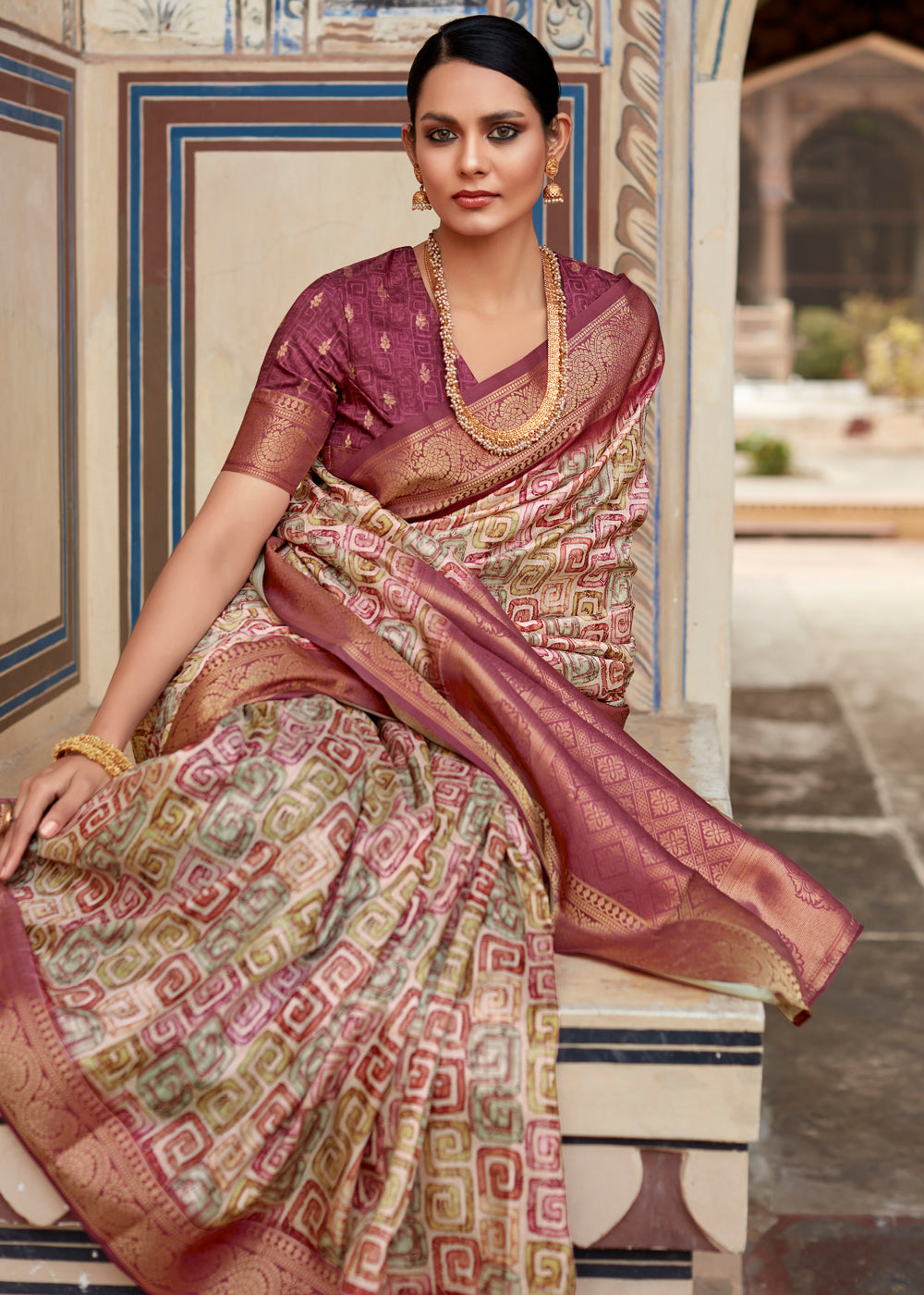 Buy MySilkLove El Salva Brown Banarasi Digital Printed Silk Saree Online