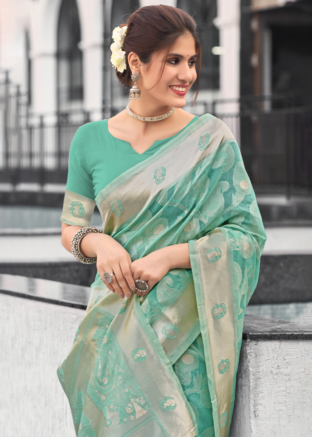 MySilkLove Pastel Green Lucknowi Linen Cotton Saree