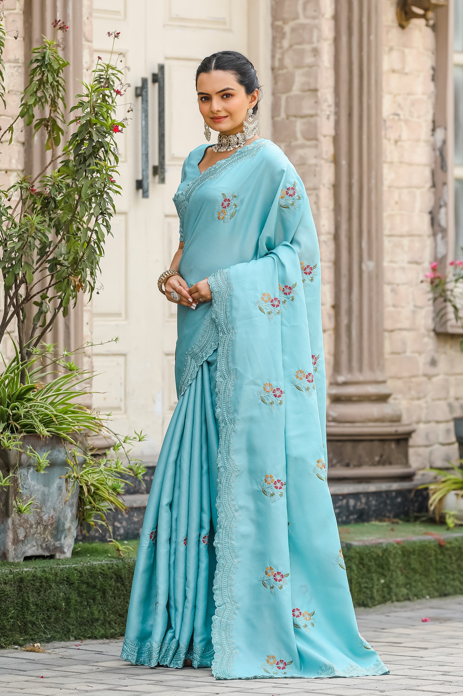 Buy MySilkLove River Blue Embroidery Tussar Cotton Saree Online