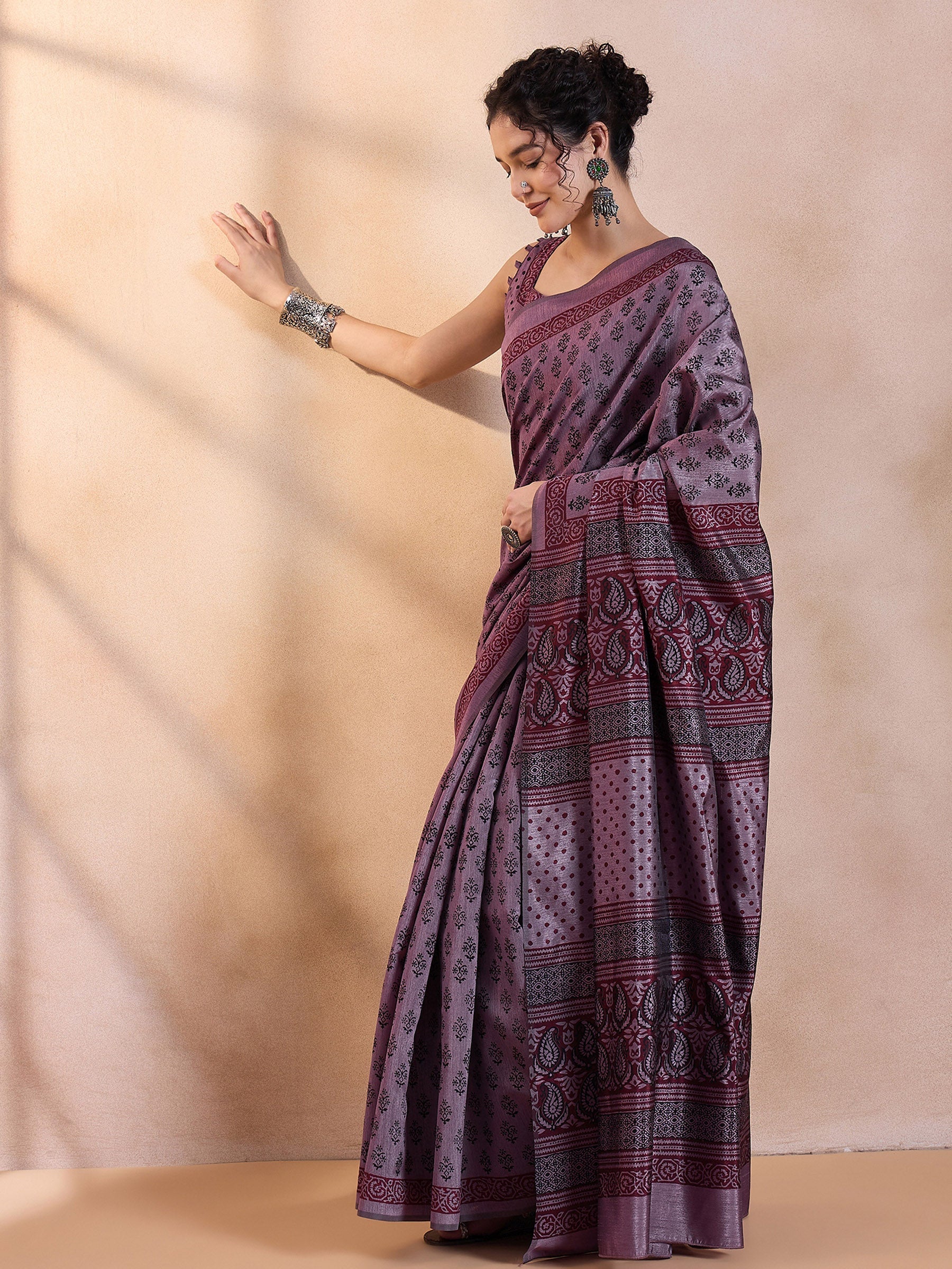 Buy MySilkLove Eggplant Purple Printed Dola Silk Saree Online